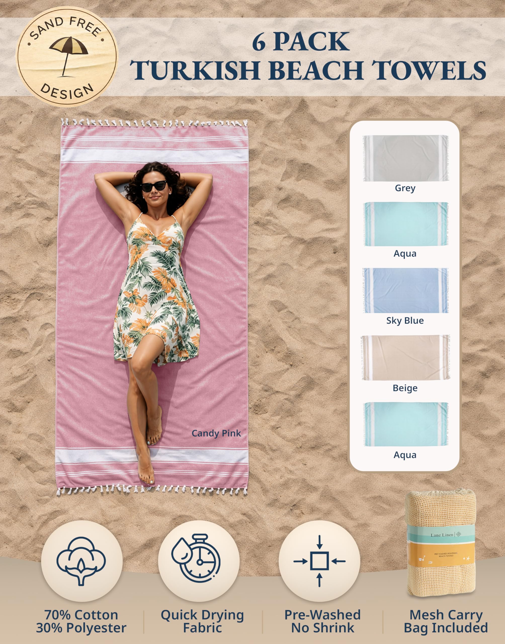LANE LINEN Lot de 6 serviettes de plage turques pour femme – Prélavées, anti-rétrécissement, anti-sable, à séchage rapide, légères et douces, 99,1 x 180,3 cm – Plage vintage