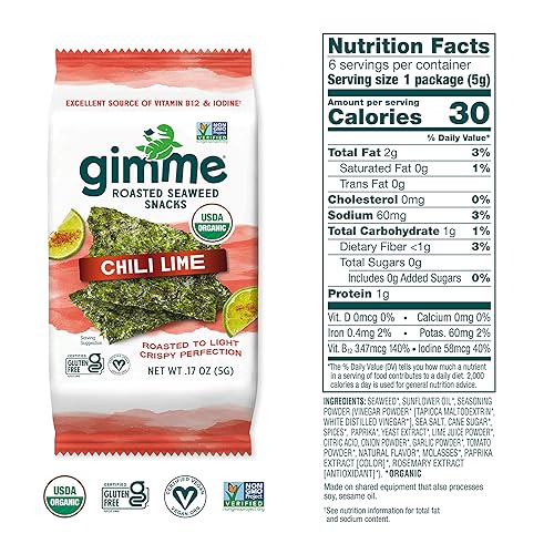 Miniatura 4 de gimMe - Chili Lime - 20 unidades - Hojas de algas tostadas orgánicas - Keto, vegano, sin gluten - Gran fuente de yodo y Omega 3 - Snack saludable