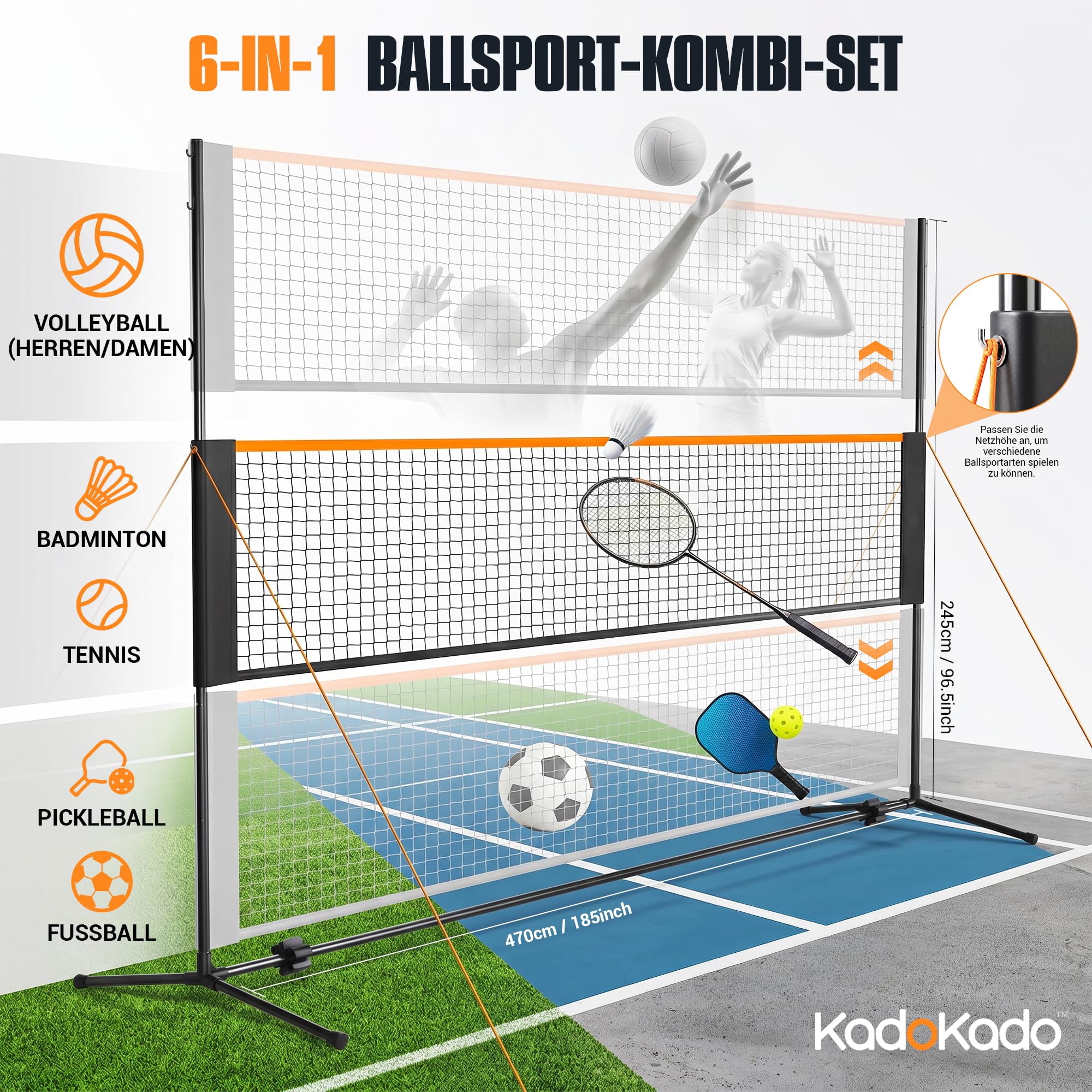 5-in-1 Sportnetz tragbar, 4m Volleyballnetz Höhenverstellbar, All-in-One Badmintonnetz, Tennisnetz, Pickleball Netz für Garten, Outdoor & Strand, inklusive Erdnägeln & Tasche