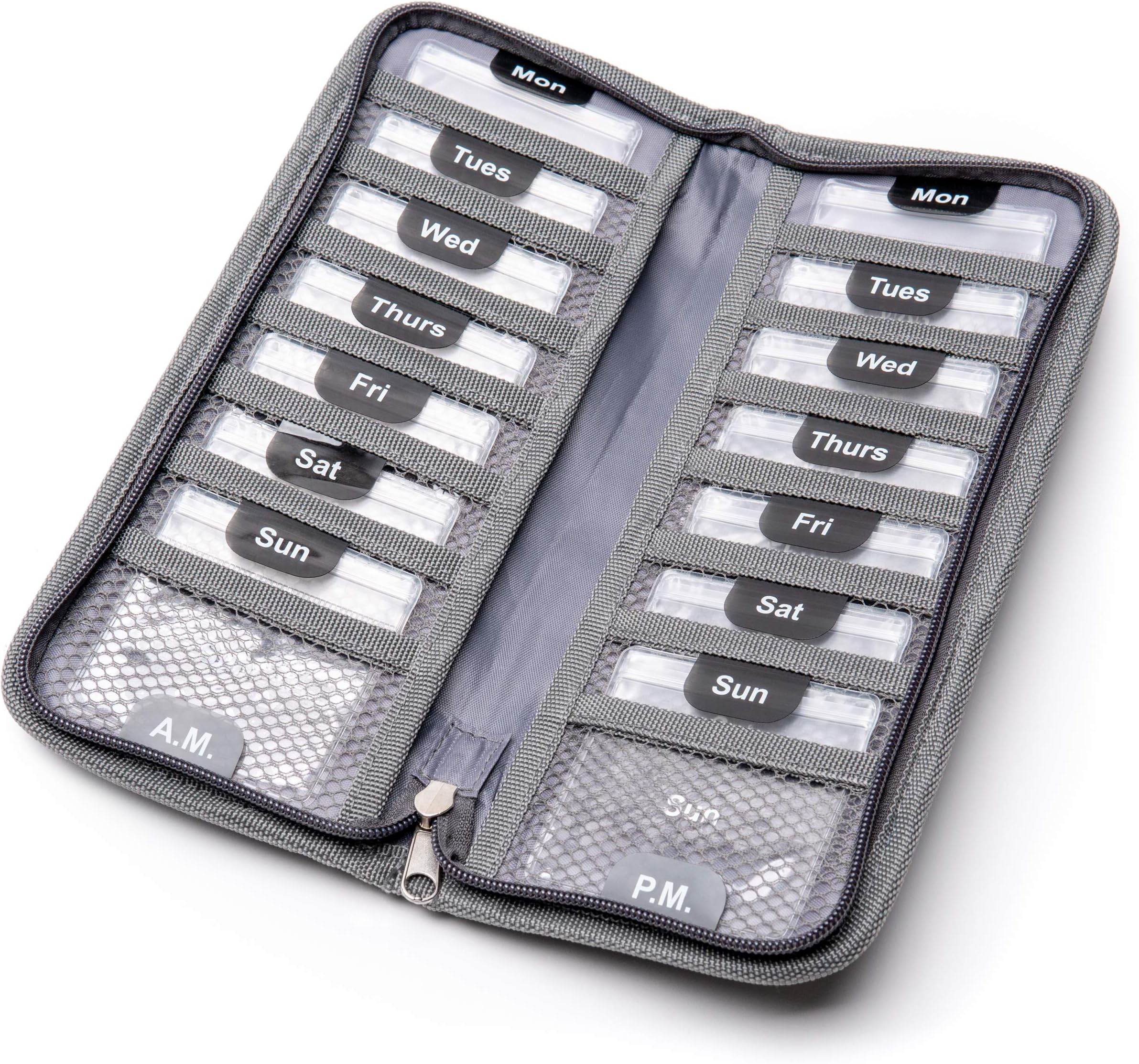 AM/PM Bi-Folding Pill Organizer + Supplement Case for OTC Medicine, Prescription + Vitamins - 14 Labeled Monday-Sunday Pouches, Charcoal Grey Travel Pill Case W/Weekly Planner