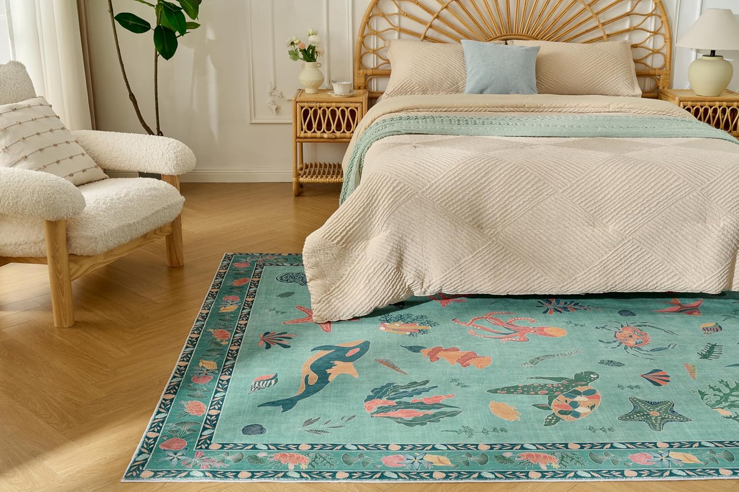 Soft Marine Animal Washable Faux Wool Stain Resistant Runner Rubber Non-Slip Backing for Playroom Bathroom Living Room Bedroom Bedside Beachy Cute Coastal Nautical Nursery Rug (Turquoise, 5' x 7')