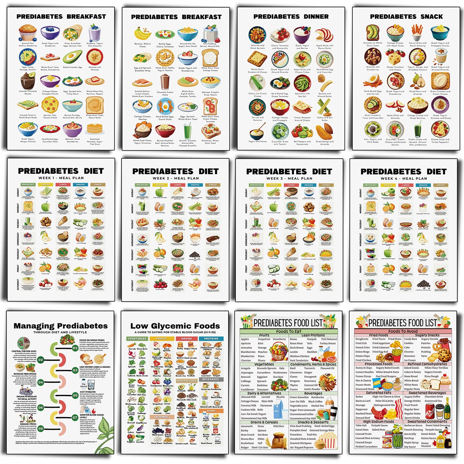 Sinload 12 Pcs Prediabetes Food Charts Posters for Type 2 Diabetes