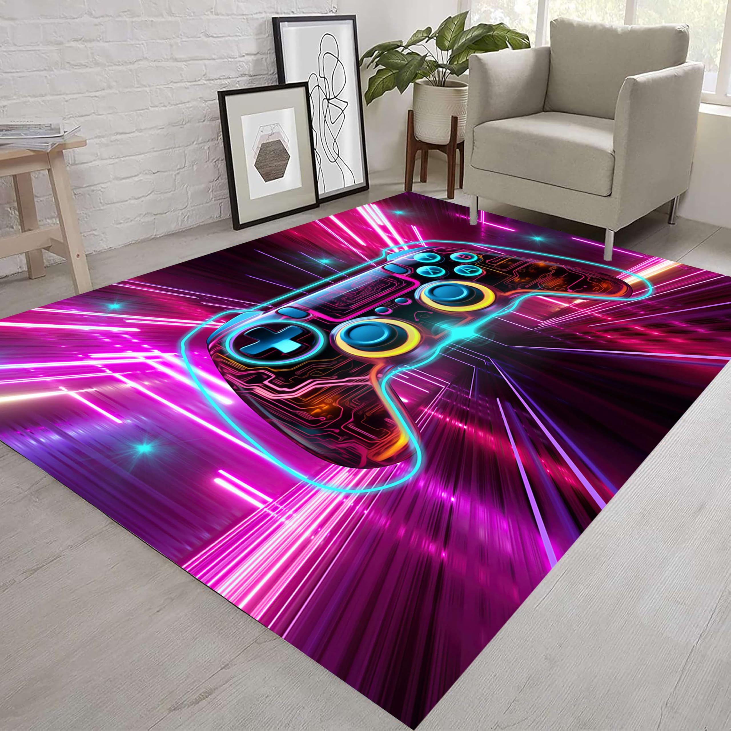 Kuluoits Game Area Rug, 180x260cm, 3D Gamer Purple Controller Neon Sci-Fi Theme Indoor Cool Rug, Boys Game Room Decorative Rugs Mat, Soft and Durable Non-Slip Rugs for Boys Teen Bedroom Living Room