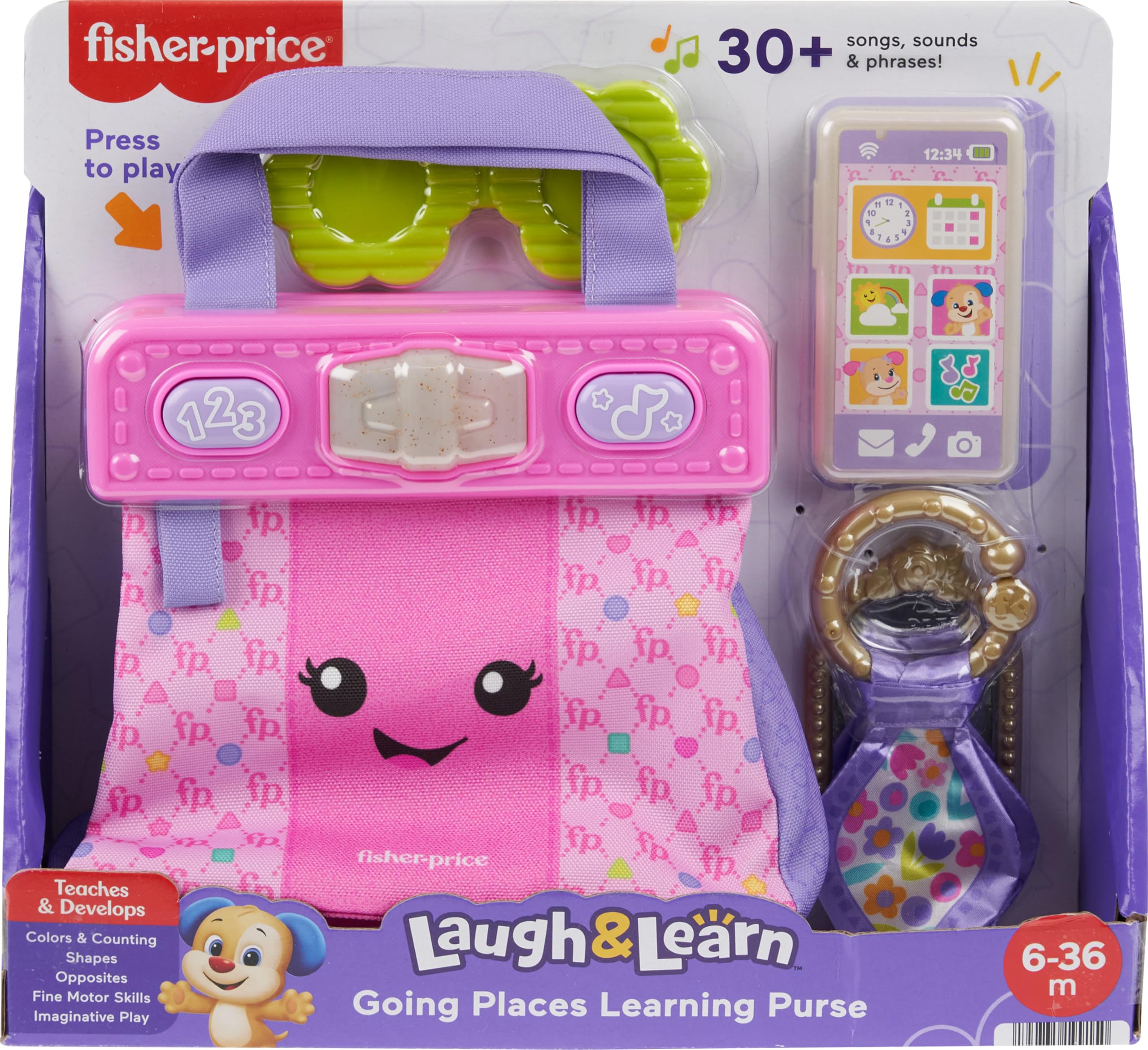 Fisher-Price Zabawka edukacyjna dla niemowląt, portfel do nauki i śmiechu, torba Going Places z 4 akcesoriami Pretend Play dla niemowląt i małych dzieci od 6 miesięcy, HTW89