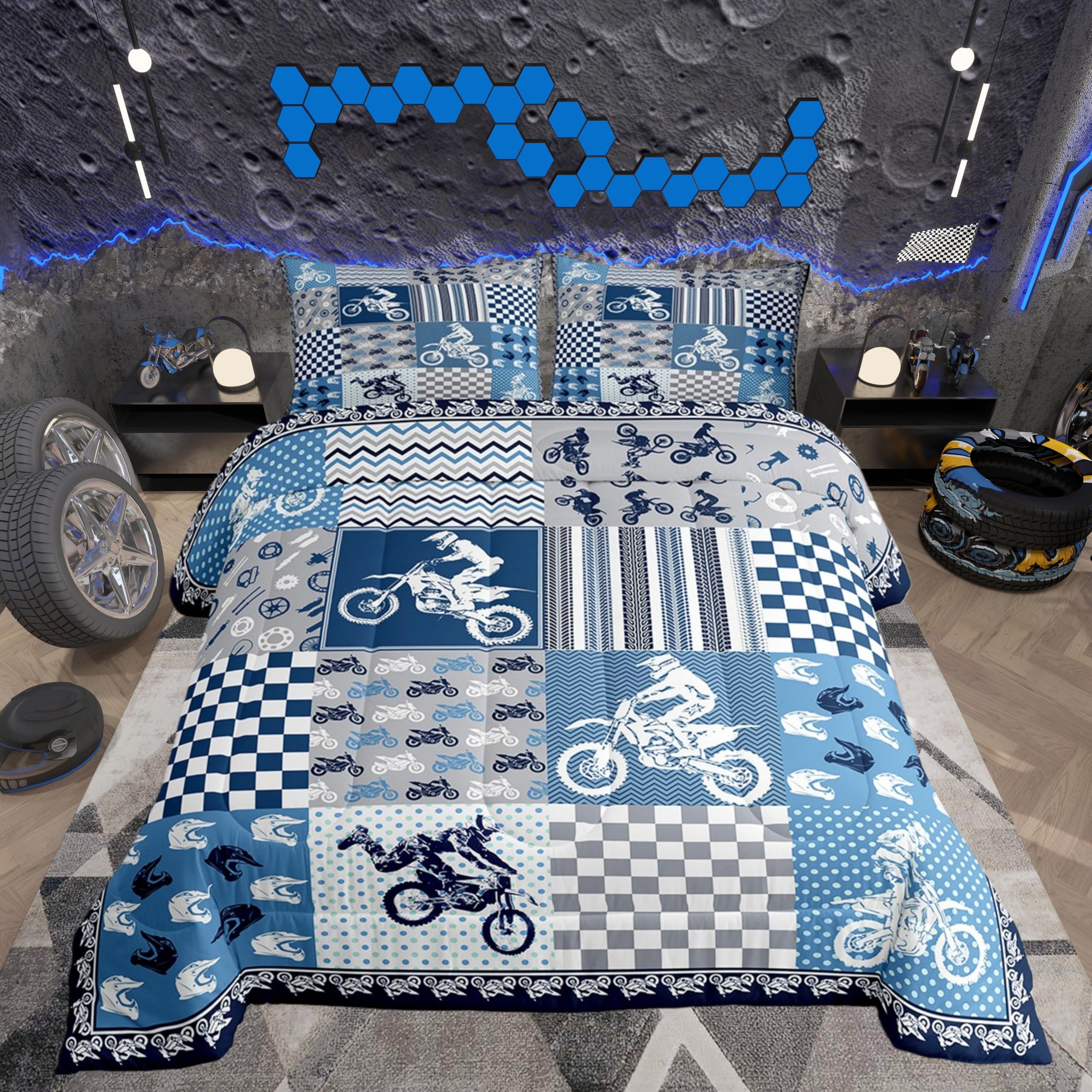 Castle Fairy Dirt Bike Comforter Set,Motocross Racer Bedding Set for Kids Girls Women,Adults Blue and Gray Grid Comforter,Stripes Square Quilted Duvet