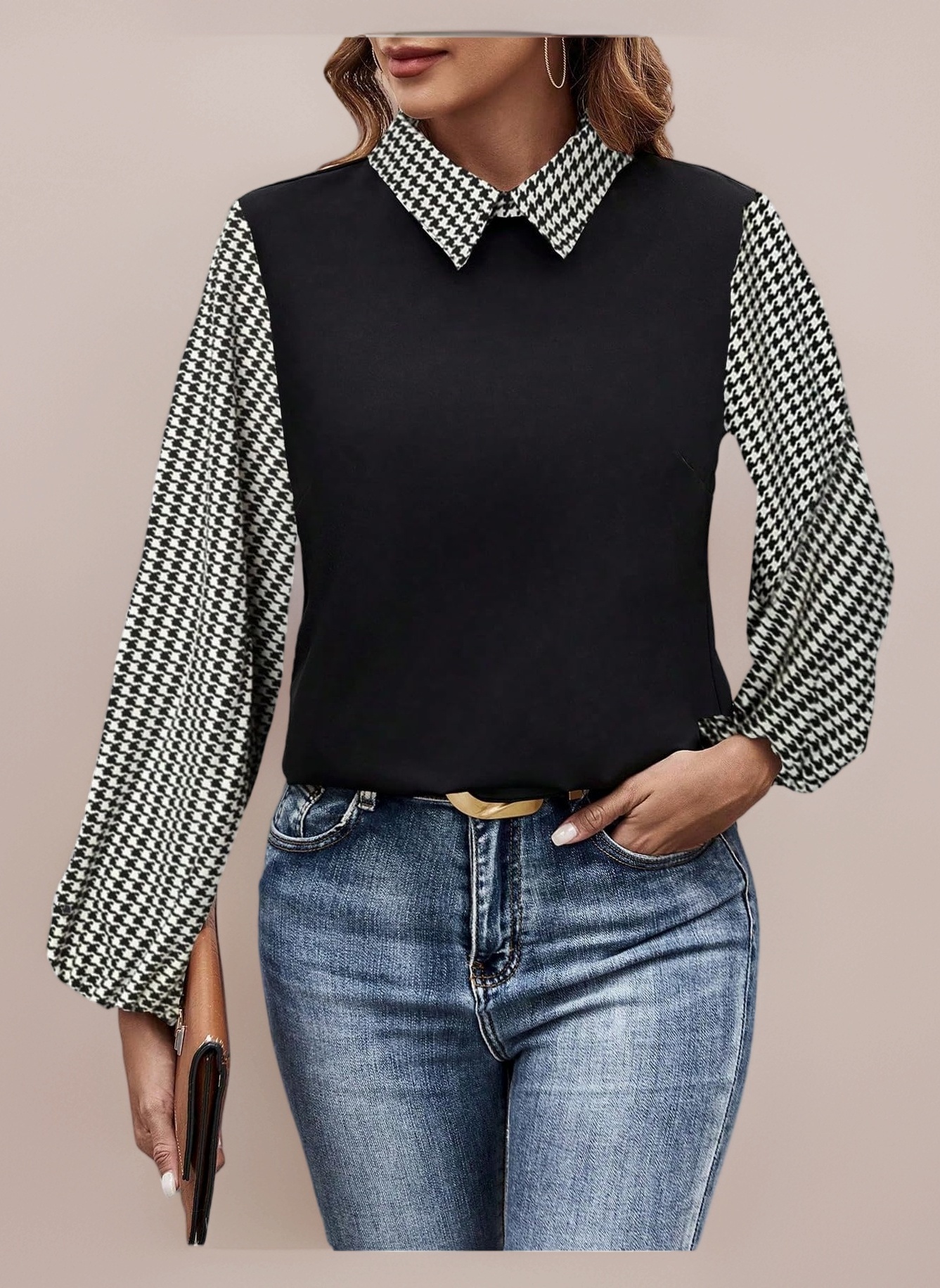 Women's Plaid Houndstooth Print Blouses Colorblock Collared Long Sleeve Going Out Tops Shirt