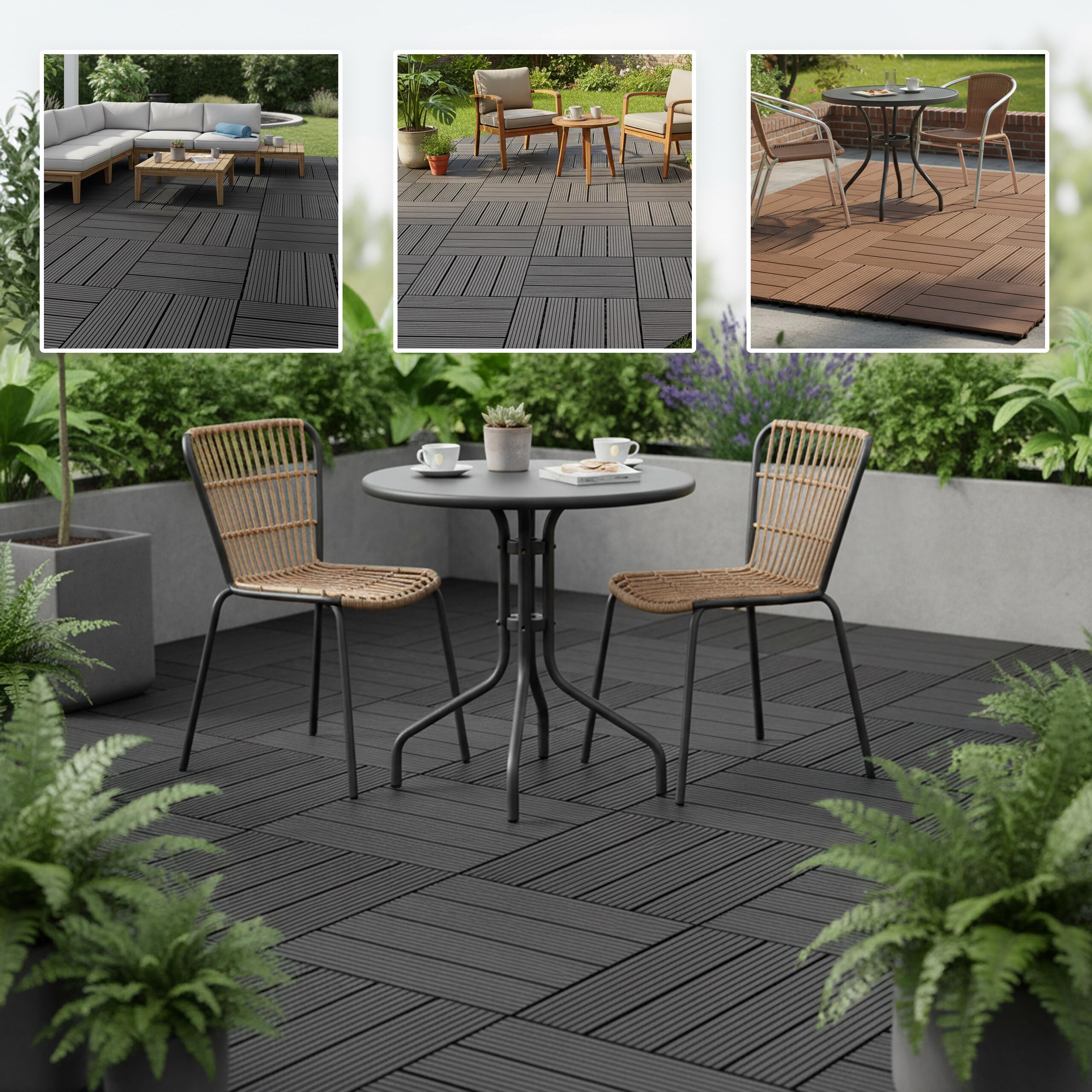 Relaxdays WPC Fliesen 11 Stück, 30x30, Balkonfliesen wetterfest, Terrassenplatten Klicksystem, 1m², Holzoptik, anthrazit