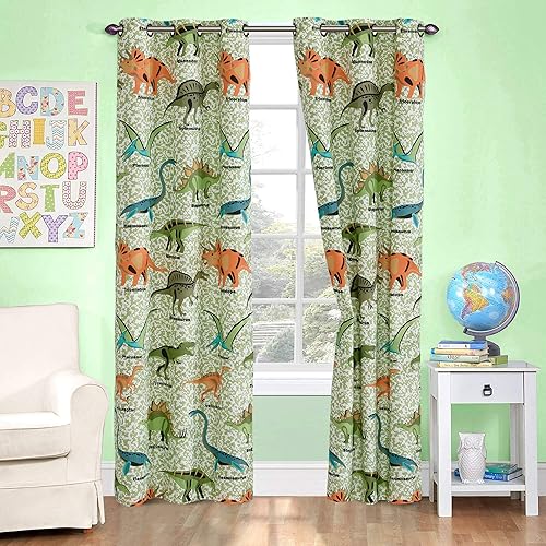 Better Home Style Impreso Fun - Juego de 2 cortinas con ojales, diseño del mundo de dinosaurios, multicolor, azul, verde, naranja, gris, para