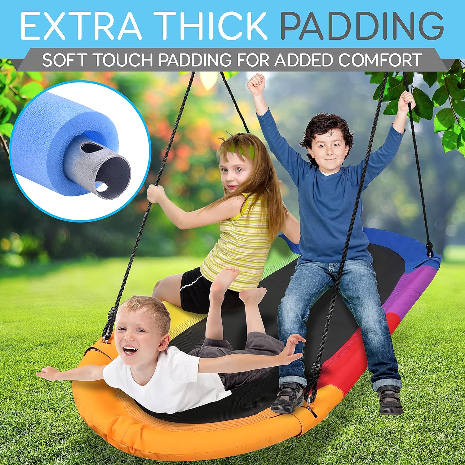 SereneLife Giant Platform Swing 67” Glider Kids Outdoor Backyard Tree Playhouse Playground Saucer Swing Set Mega Swinging Surfer Mat Swingset w/Rope Straps, Cushion Padded Frame, One Size, Rainbow