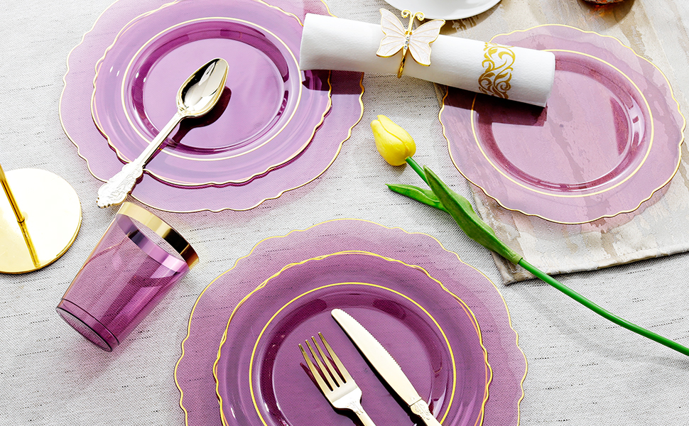 Amazon.com: KIRE 210Pcs Purple Plastic Plates with Gold Rim&