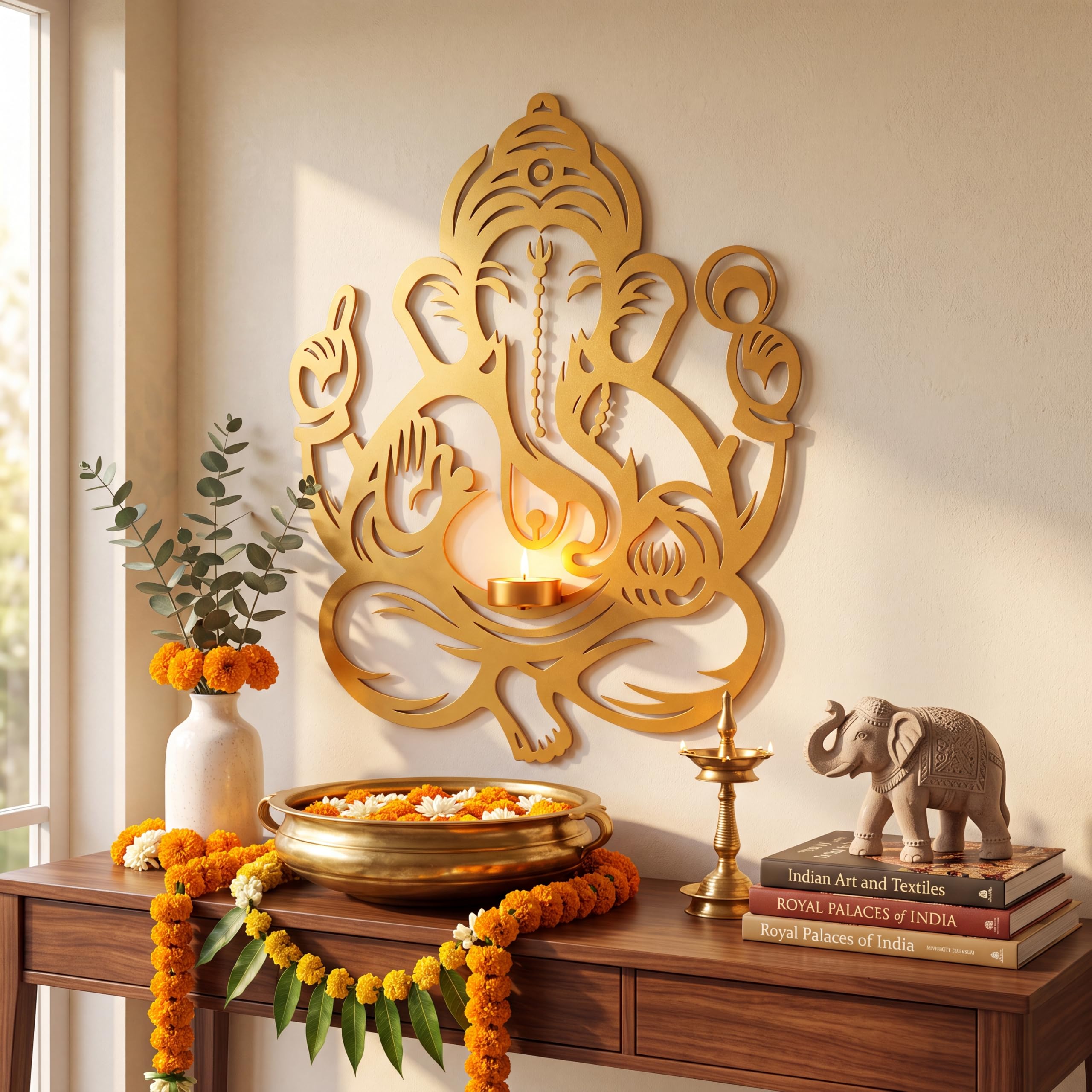 Metal Lord Ganesha Wall Decor with Tealight Candle Holder | Gold Powder Coated Iron Wall Hanging for Living Room, Pooja Room & Home Décor | 14 x 18 Inch-image-25