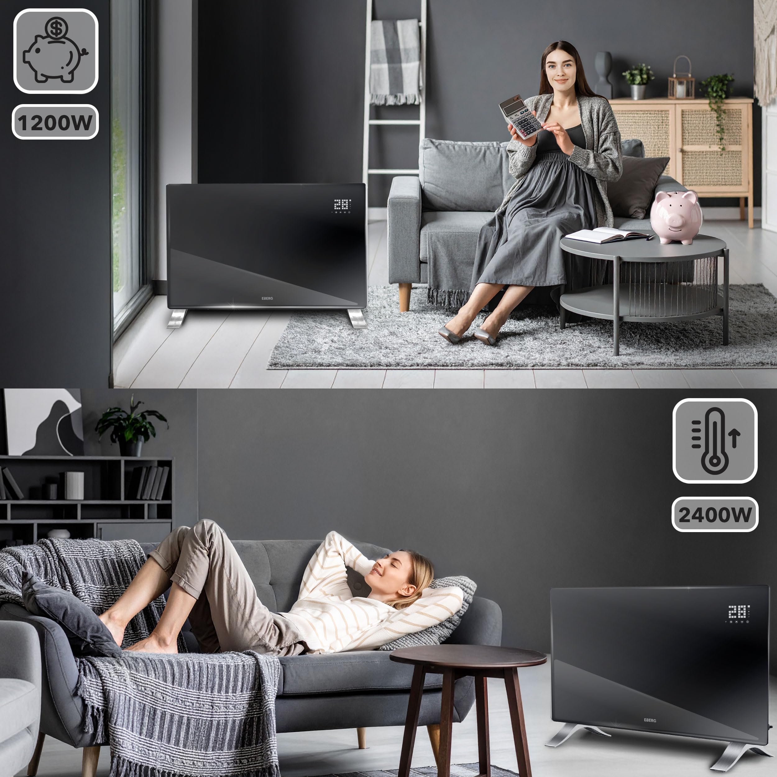EBERG EVI PRO Grzejnik konwektorowy 2400 W WiFi, szklany panel, pilot, termostat cyfrowy, montaż ścienny lub stojący