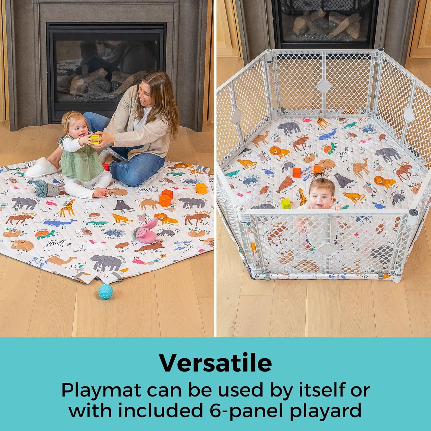 Toddleroo Superyard Nook Bundle, Freestanding 6-Panel Light Gray Playard with SecureMat Playmat, Animal ABC, Portable for Indoor & Outdoor Use