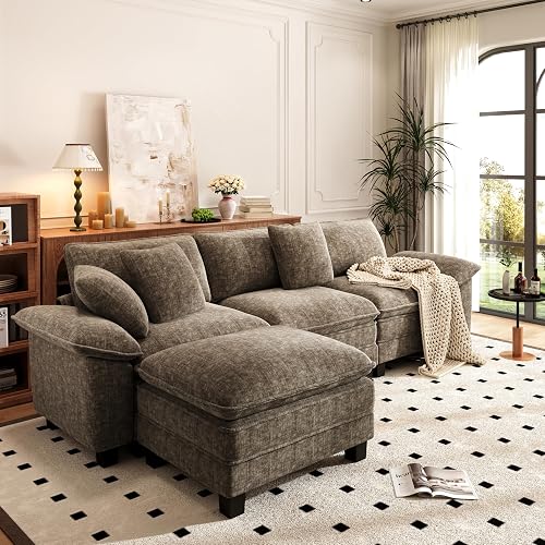 PHI VILLA Cloud Modular Couch Sets, 123.6" Sectional Sofa with L-Shaped Chaise, 4-Seater Upholstered Couches with Movable Ottoman for Living Room, Chenille Fabric, Taupe