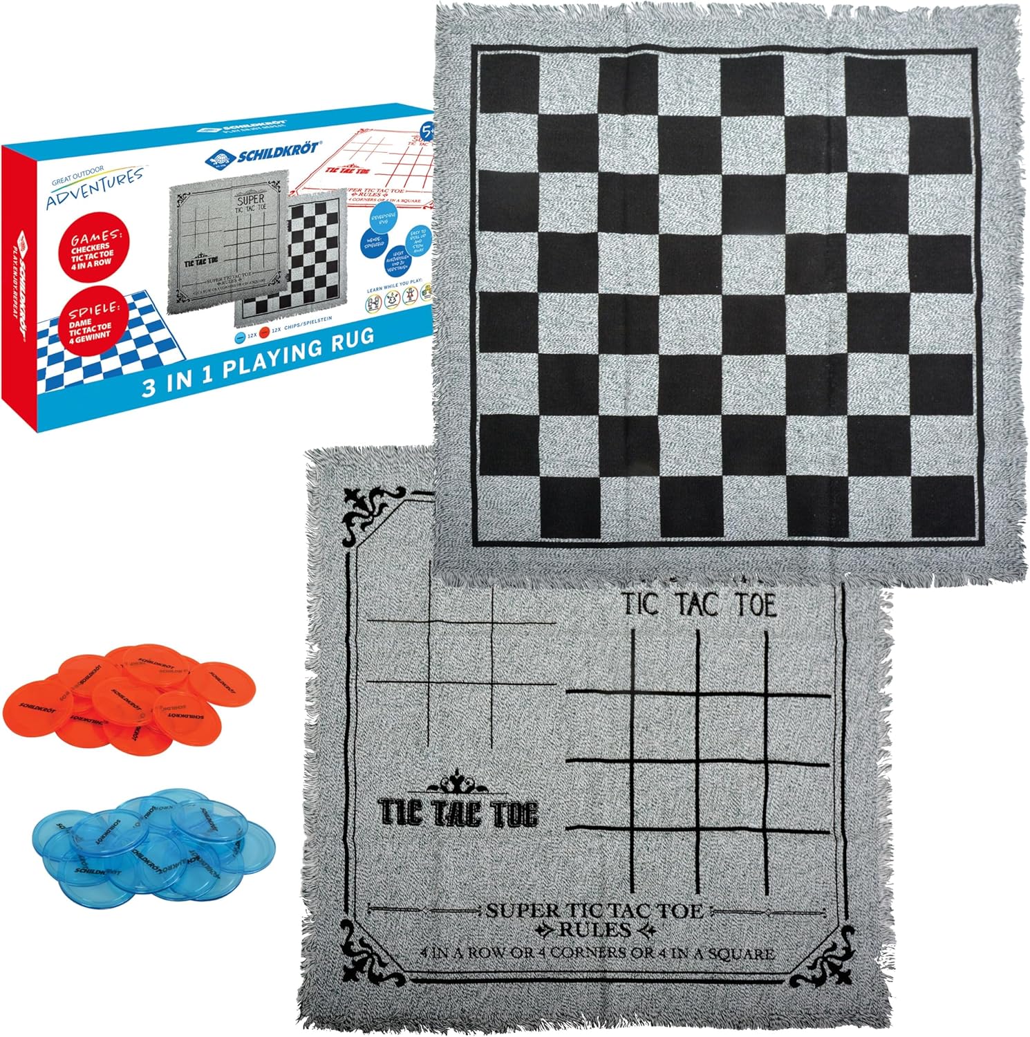 Schildkröt 3-in-1 Carpet, Women XXL Tic Tac Toe and 4-in-Line Rug with 24 Pieces, Beach Game, Garden or Park