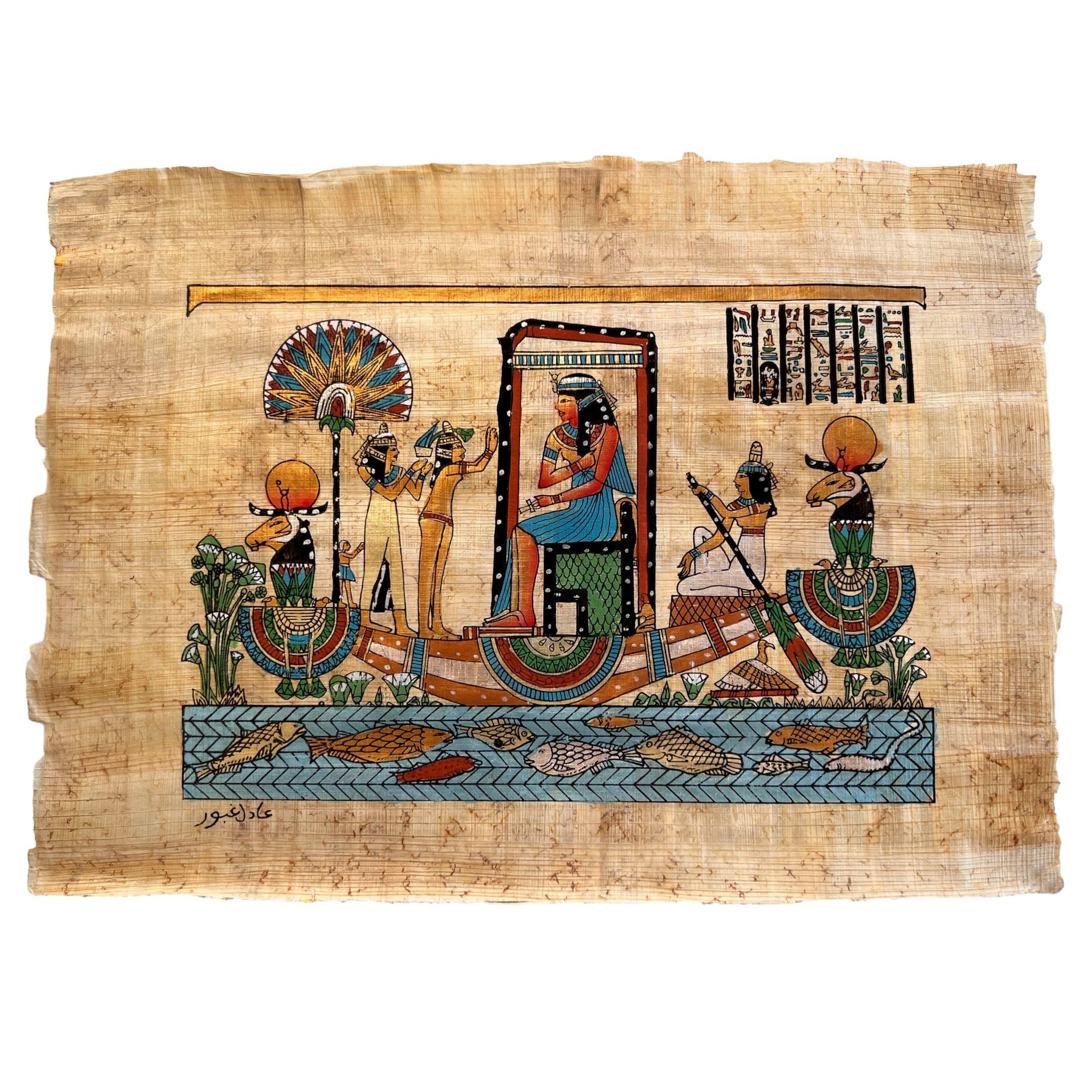 Egyptian History, Queen Hatshepsut Sun Boat, Authentic Art of Adel Ghabour, Handmade in Egypt Wall Decor Papyrus, Nautical Gift, 13x9 Inches
