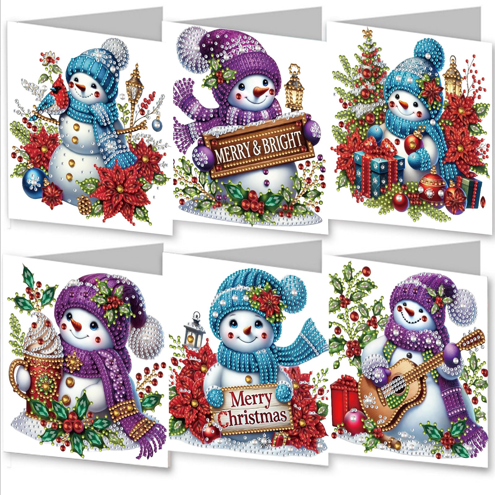 Awesocrafts Snowman 6Pcs Diamond Art Christmas Cards Kits Xxx, Diy Diamond Painting Cards Sets, 5D Crystal Art Card With Envelopes, Postcards For Handmade, Xmas 30 * 15Cm (Snowman)