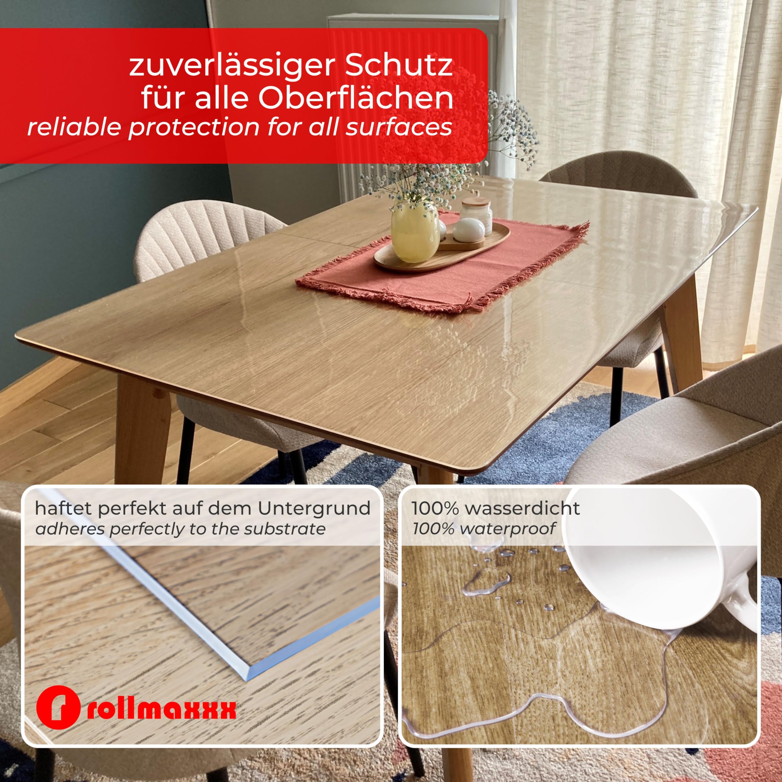 ROLLMAXXX Protezione trasparente per tavolo in PVC 2 mm 205 x 205 cm | Tovaglia trasparente, Copritavolo con bordo smussato, Pellicola protettiva antigraffio, Su misura disponibile