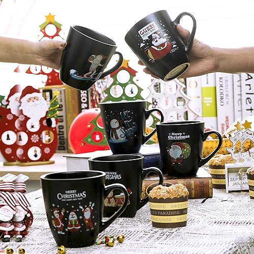 Miniatura 5 de Bruntmor Juego de 6 tazas de café de cerámica con temática navideña de 16 onzas, el mejor juego de tazas de café para tu regalo de Navidad, material