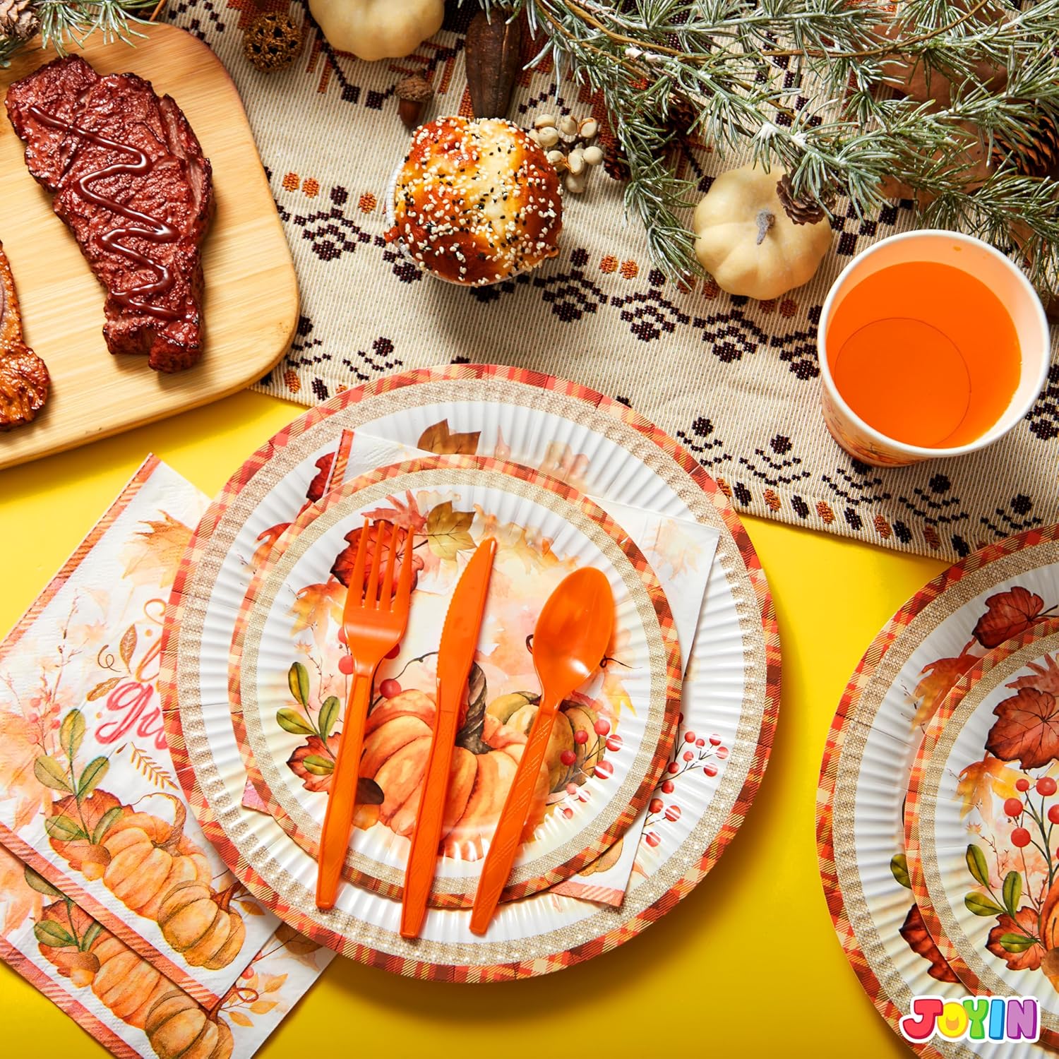 JOYIN 175 PCS Thanksgiving Disposable Paper Plates, Paper Gold Disposable Dinnerware Set, Thanksgiving Party Fall Harvest, Party Supplies, Plates and Napkins Sets (25 Guests)