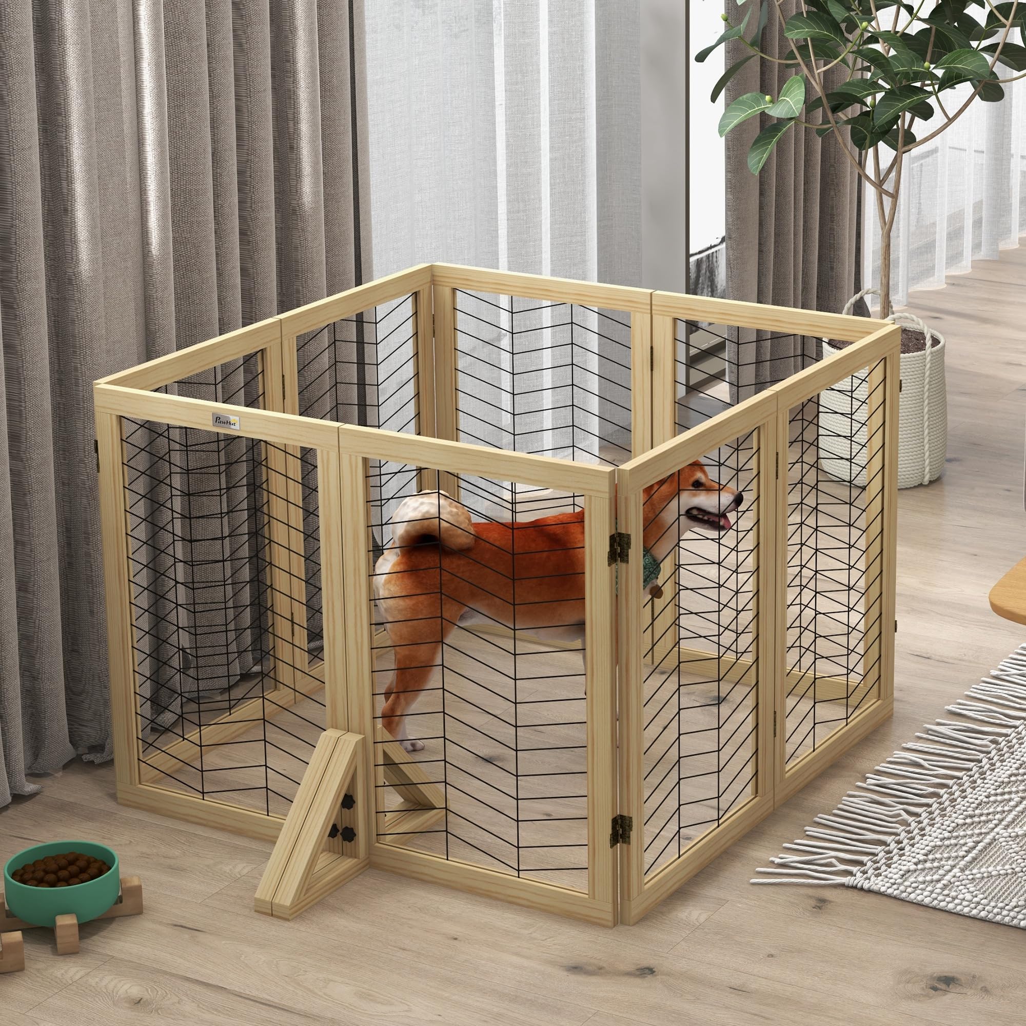 PawHut Rejilla de Madera de Barrera para Perros, Rejilla de protección para Puertas, Rejilla Plegable para Perros con 8 Paneles, Rejilla de Barrera para Perros, Rejilla de protección para escaleras, | Barrera plegable para perros con 8 paneles para perros