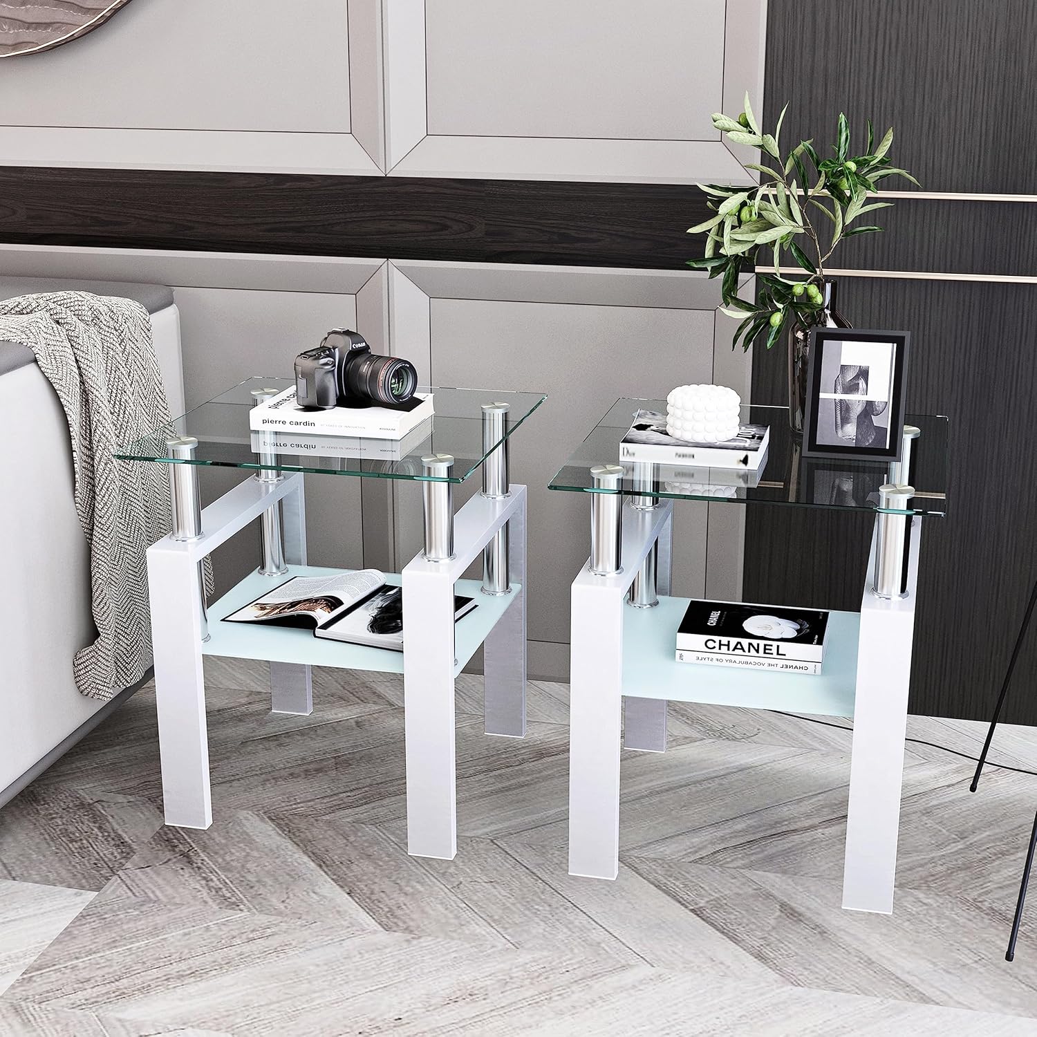 Glass Side Table 2-Tier Modern Glass Top Corner Table Living Room Side Table with Metal Leg for Living