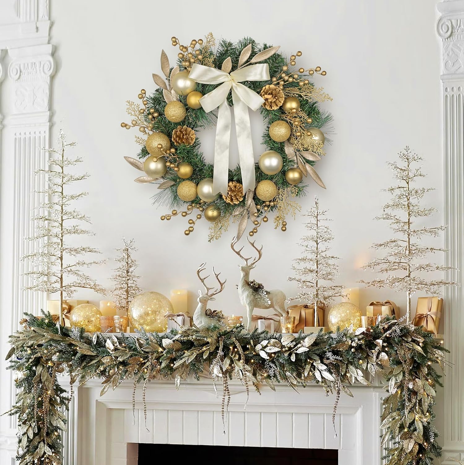 24 inch Christmas Door Wreath, Large Gold Wreaths for Front Door with Champagne Bow Golden Ball Glittered Leaf Spray Stems Pinecones for Fireplace Xmas Decorations, Wall Window Indoor Outdoor Decor - Image 2