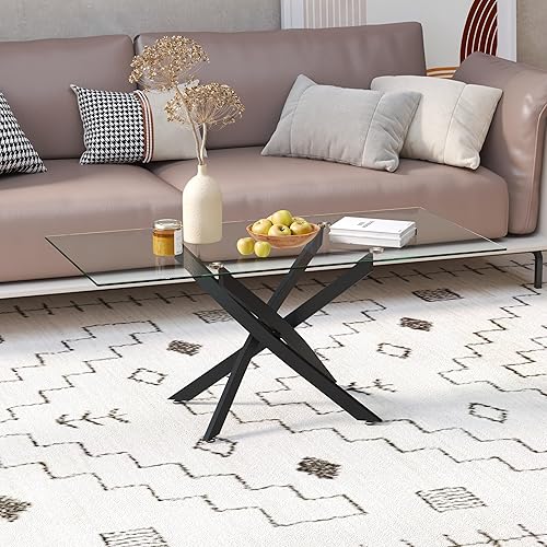 Miniatura 2 de Mesa de centro de cristal rectangular moderna de 40 pulgadas, mesa de sala de estar con patas de metal negro, mesa central elegante para sala de
