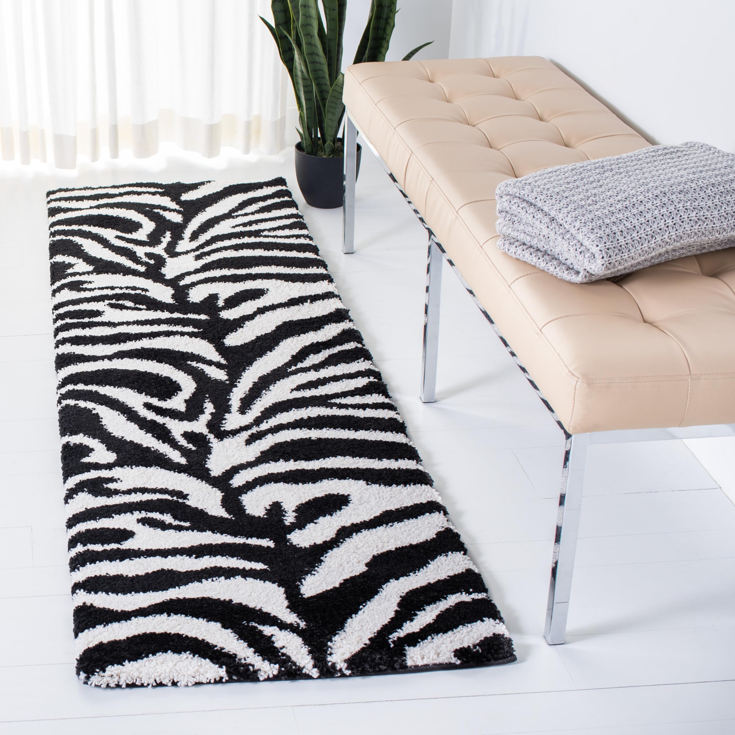 SAFAVIEH Florida Shag Collection Runner Rug - 2'3" x 11', Ivory & Black, Zebra Print Design, Non-Shedding & Easy Care, 1.2-inch Thick Ideal for High Traffic Areas in Living Room, Bedroom (SG452-1290)