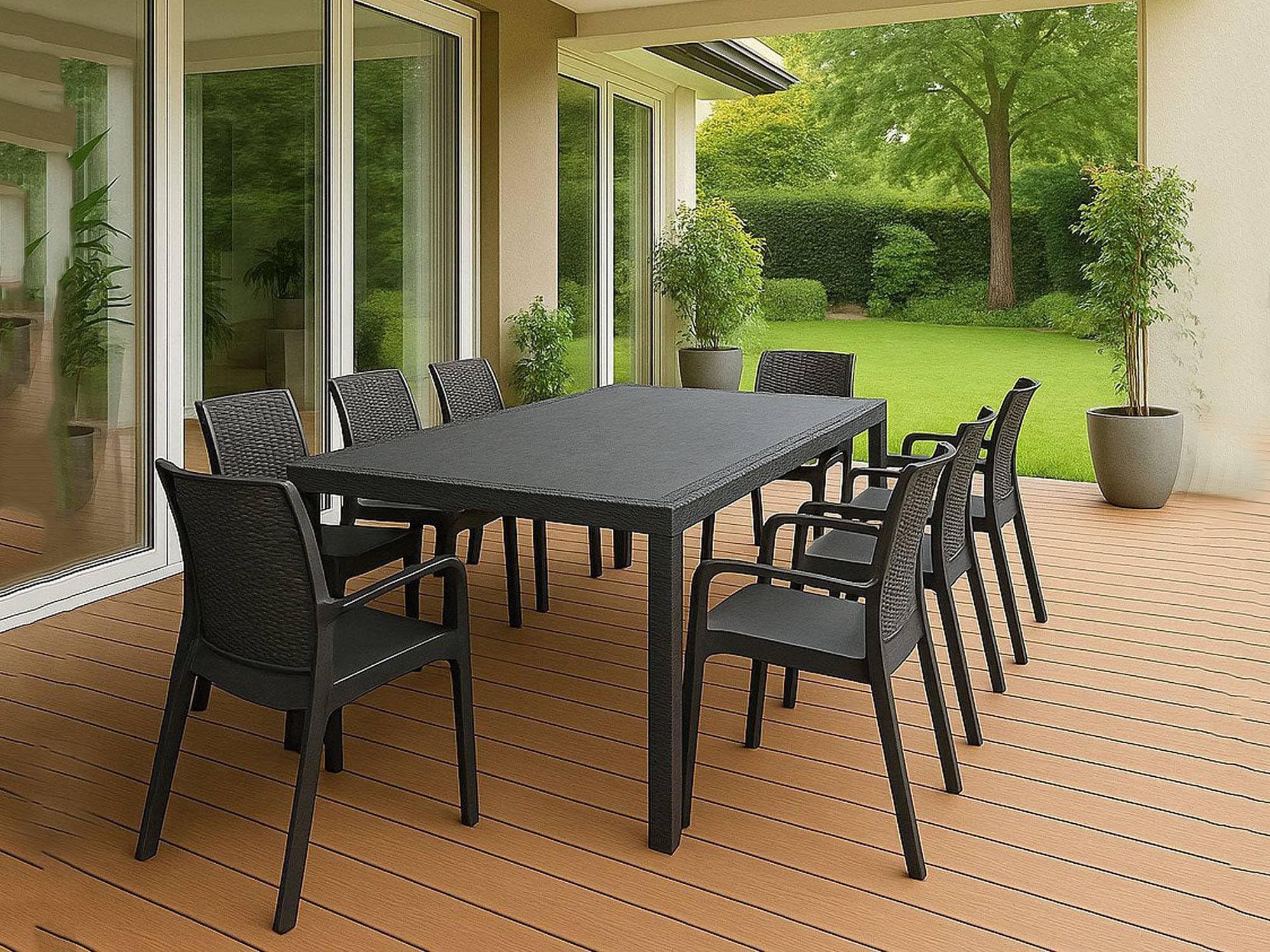 Dmora - Salon d'extérieur Manarola, Table rectangulaire Extensible avec 8 chaises et accoudoirs, fabriqué en Italie, Anthracite