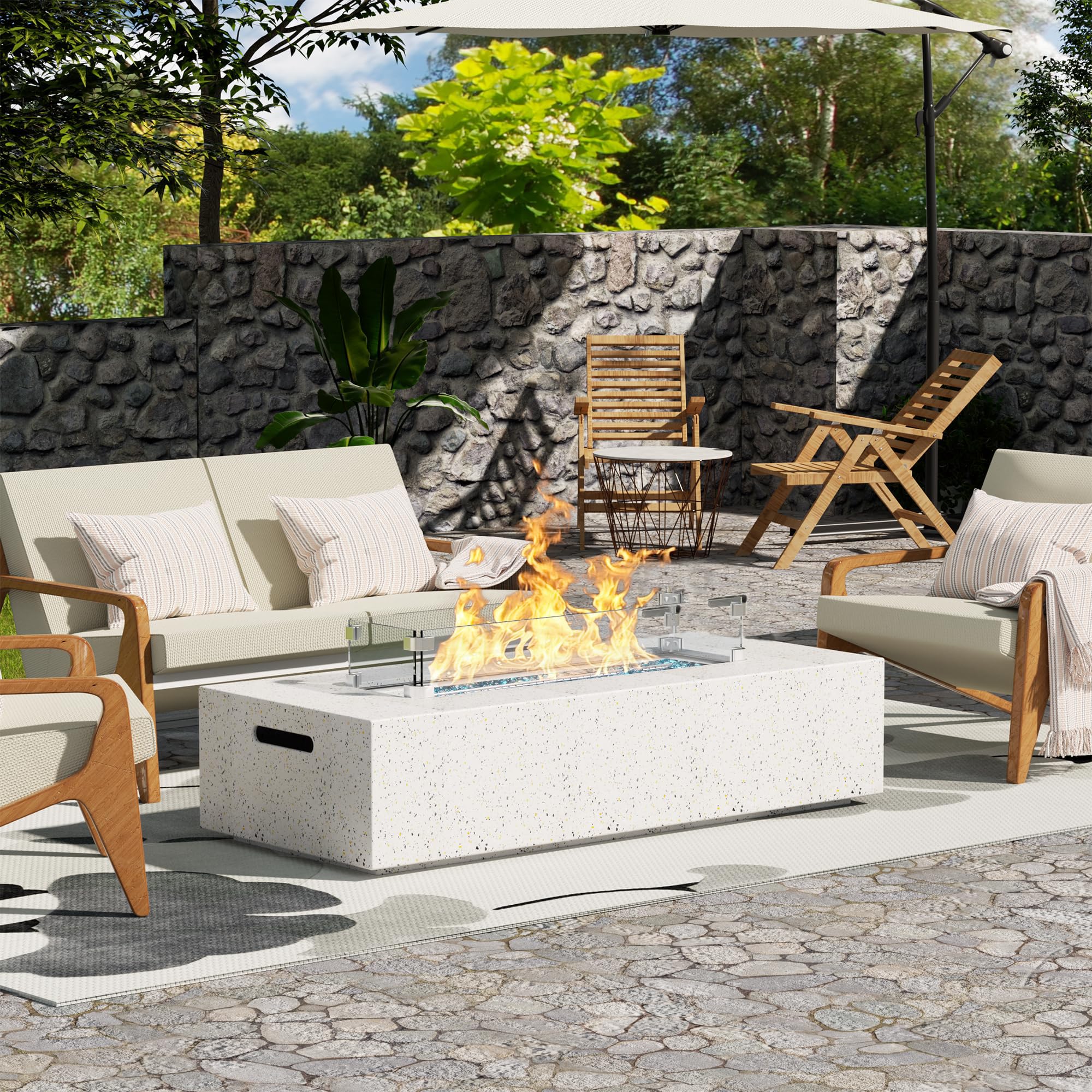 56" Propane Fire Pit Table, Rectangle Outdoor Fire Table w Glass Wind Guard(50,000 BTU), 2 Piece Patio Firepit Table Gas Fire Table w Fire Glass, Rain Cover for Outside, Backyard