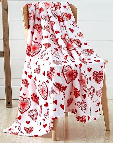 Manta de amor de San Valentín corazones bohemios con corazones modernos contemporáneos y tradicionales de diseño rojo y blanco, terciopelo de