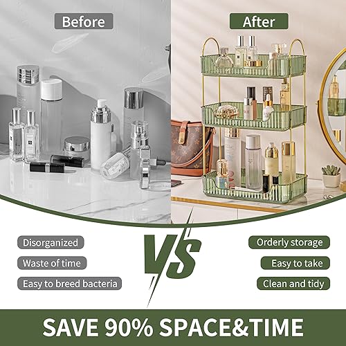 Miniatura 6 de Organizador de baño de 3 niveles, bandeja de perfume de maquillaje, organizador de cuidado de la piel para tocador de baño (verde)