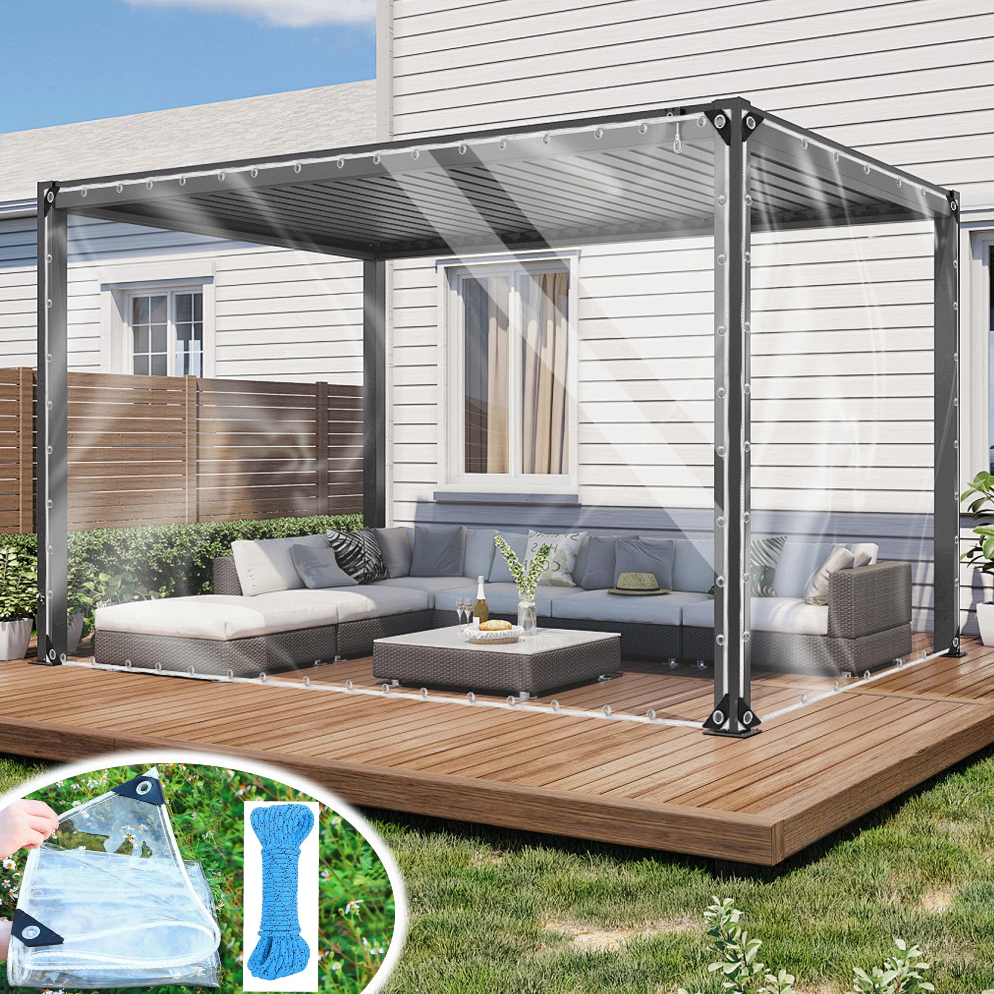 Transparent Tarpaulin, Clear Tarpaulin 1.5×9M Waterproof Heavy Duty 620 g/m² Clear Tarp, 0.55MM Clear Gazebo Side Panels, Pergola Outdoor Curtain Rain Cover Tear Resistant Perspex Canopy