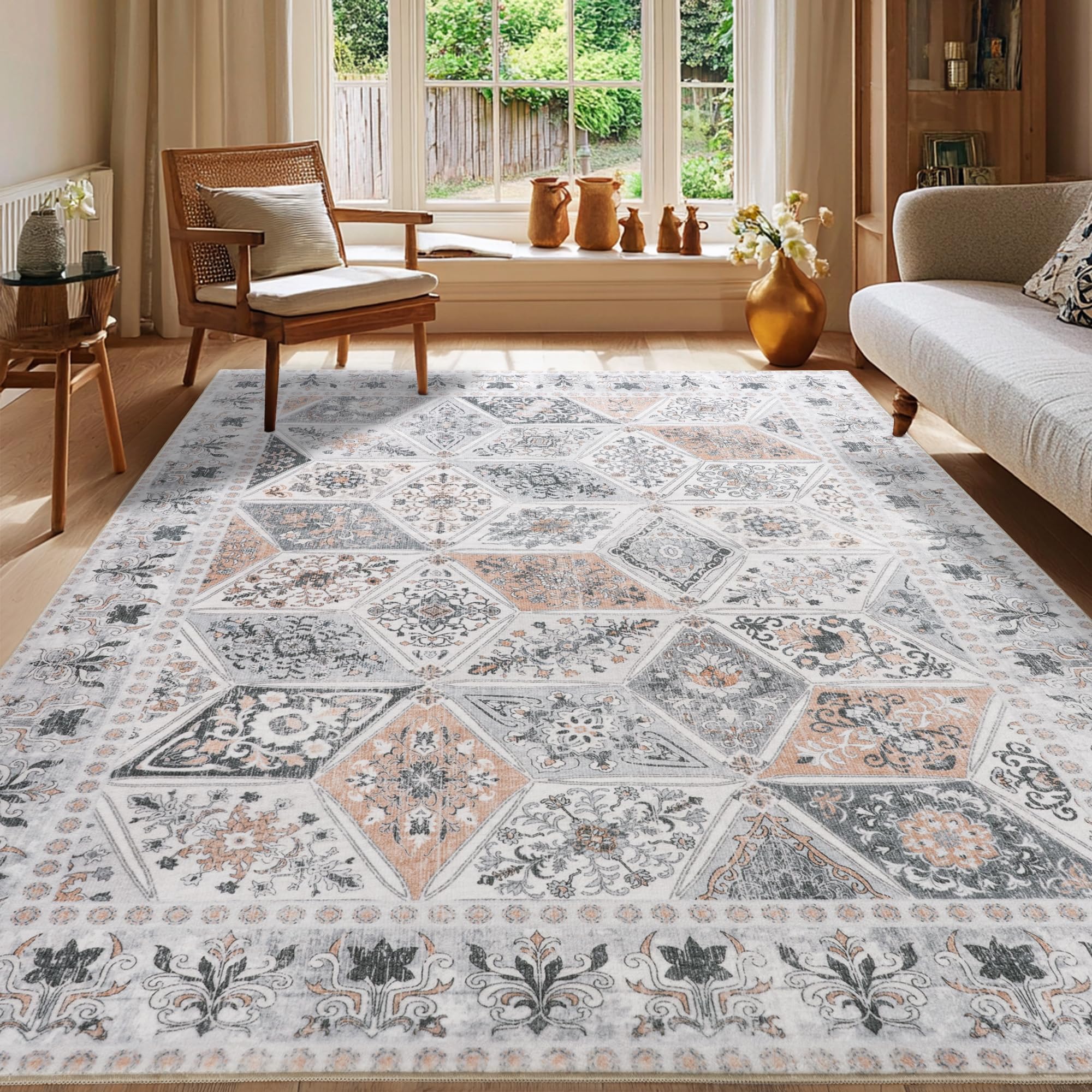 Beige Großer Vintage Kurzflor Teppich Wohnzimmer, 200x300 cm | Boho Waschbarer Teppich, Rutschfester Schlafzimmer Teppiche, Geometrisch Rauten Muster Carpet für Esszimmer Büro Küche