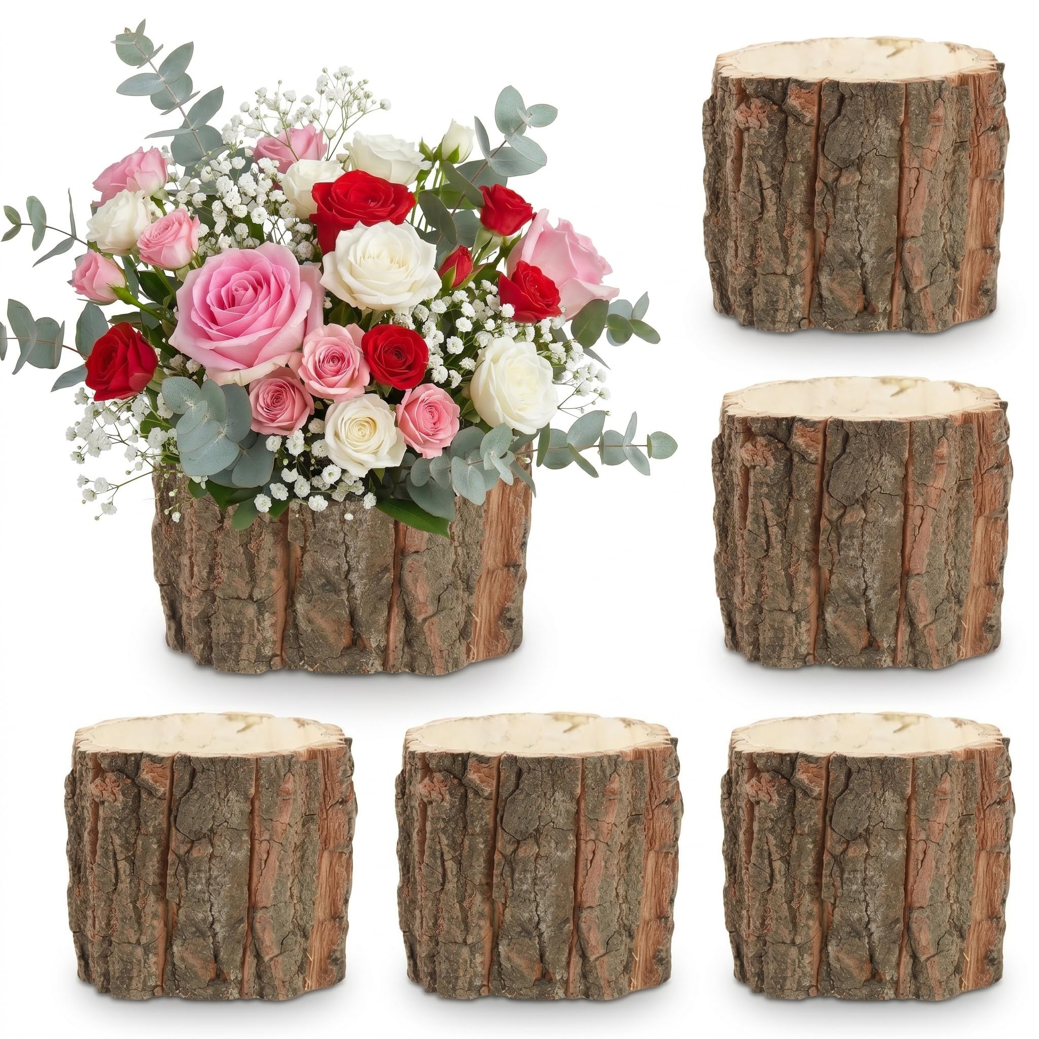 Pots de fleurs en écorce pour centre de table champêtre et déco de mariage authentique