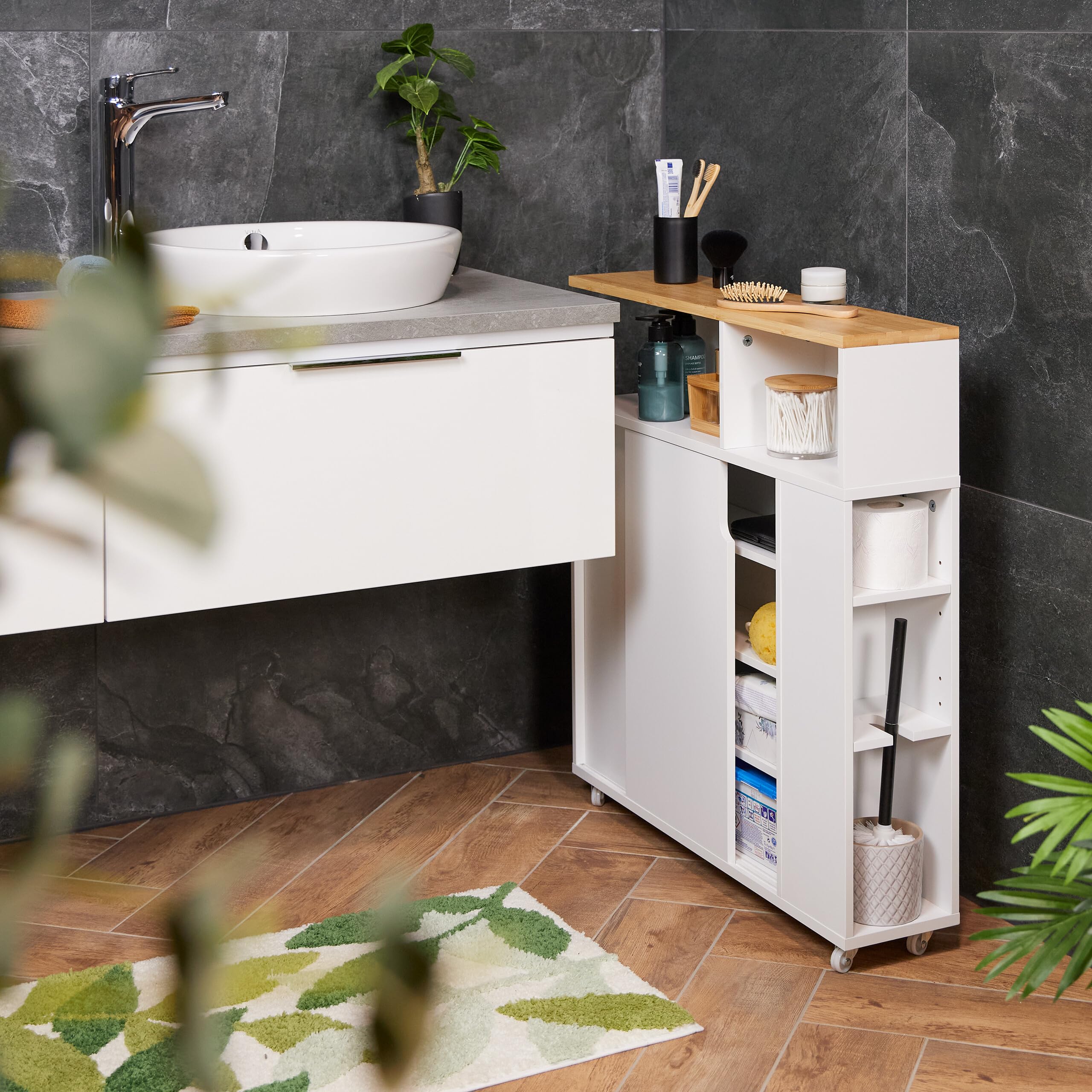 Relaxdays Carrito Auxiliar Estrecho, 6 Compartimentos, Portaescobillas, 79x17x75 cm, Baño, MDF, Bambú, Blanco/Natural