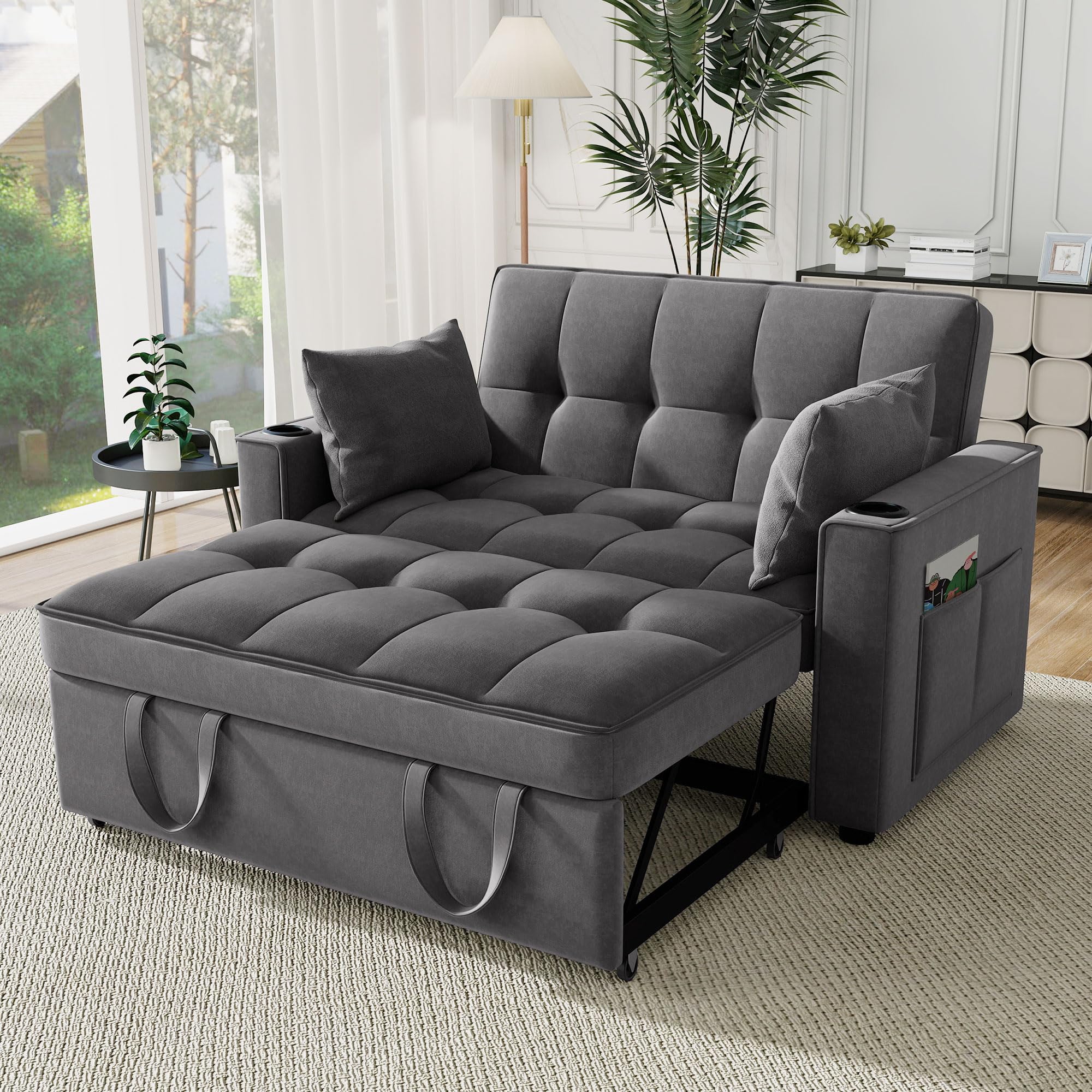 2 Sitzer Sofa mit Schlaffunktion, Klappbares Schlafsofa, Doppelsofa Kleine Couch Sofa, Polstersofa mit verstellbare Rückenlehne & Getränkehalter, Multifunktionssofa für Wohnzimmer, Velvet Grau