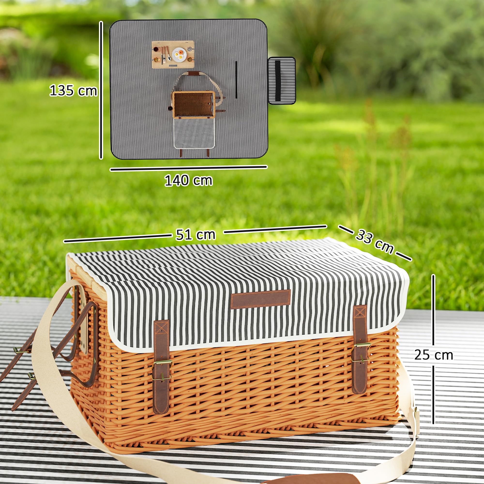 Outsunny Cestino da Picnic in Vimini per 4 Persone con Tavolino, Cesto Picnic con 4 Piatti, 12 Posate, 4 Bicchieri, Coperta e Cavatappi, 51x33x25 cm, Marrone Chiaro