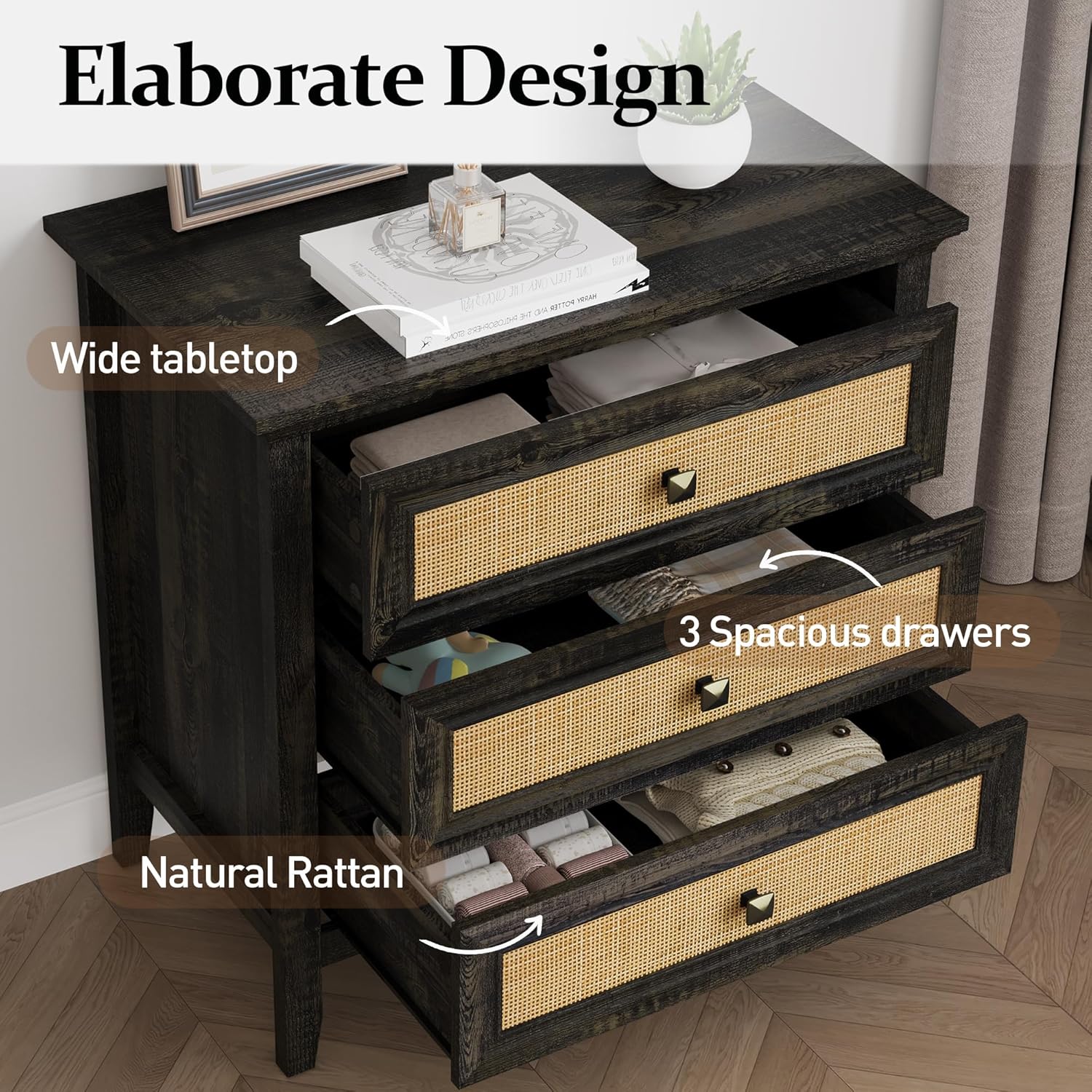 RoyalCraft Wide Nightstand for Bedroom, Boho Tall Nightstand with 3 Drawer, Modern End Table, Wood Beside Table for Home and Office, Coffee