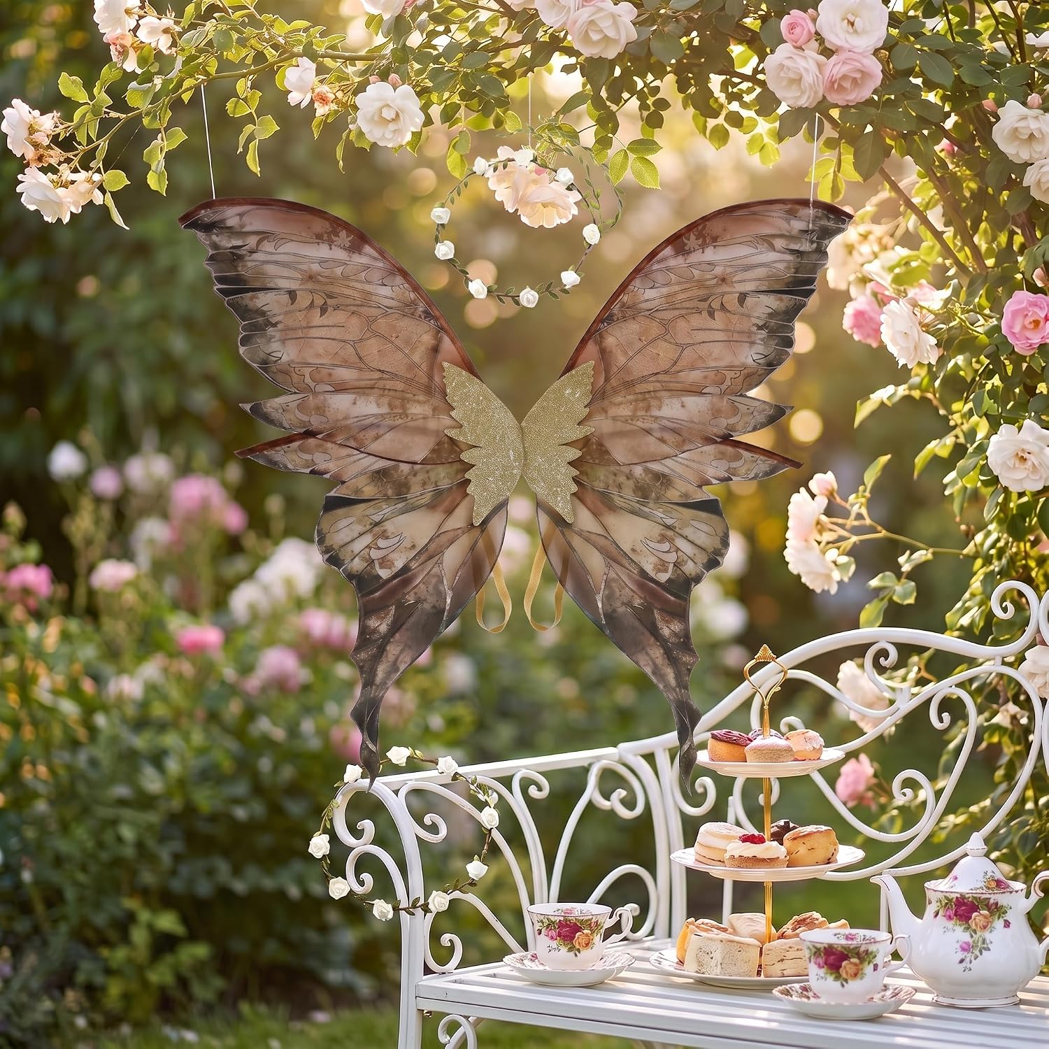 Fairy Wings for Adults Cute Fairy Costume with Wreath Women Large Butterfly Wings for Halloween Party