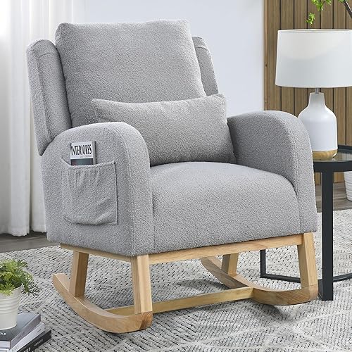 NIOIIKIT Mecedora para guardería, sillón moderno de respaldo alto con bolsillos laterales, balancín deslizante con asiento acolchado, almohada