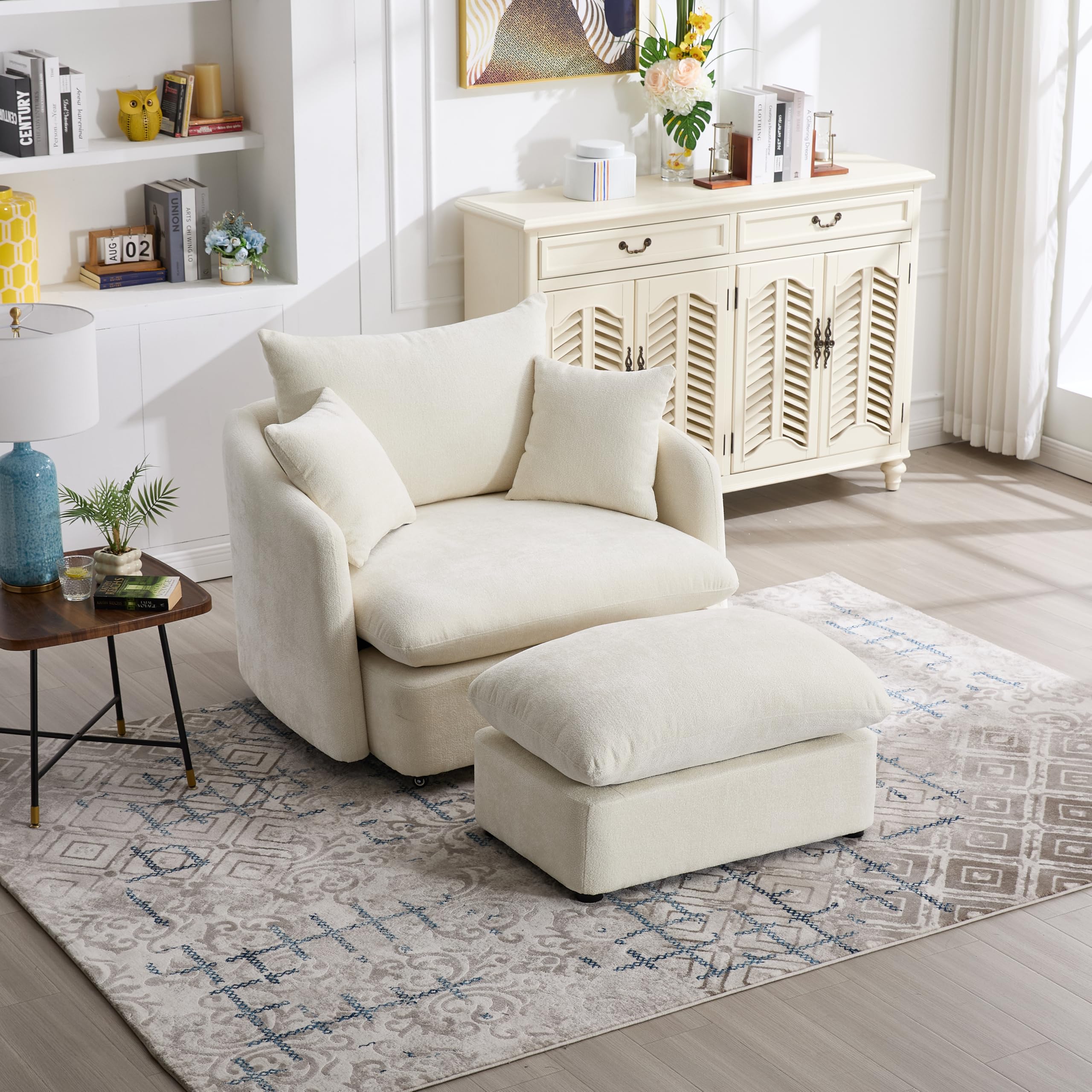 Photo 1 of KEIKI 46.1" Oversized Swivel Accent Chair with Ottoman, Upholstered Oversized Swivel Accent Chair with 3 Pillows for Living Room, Bedroom (Beige)