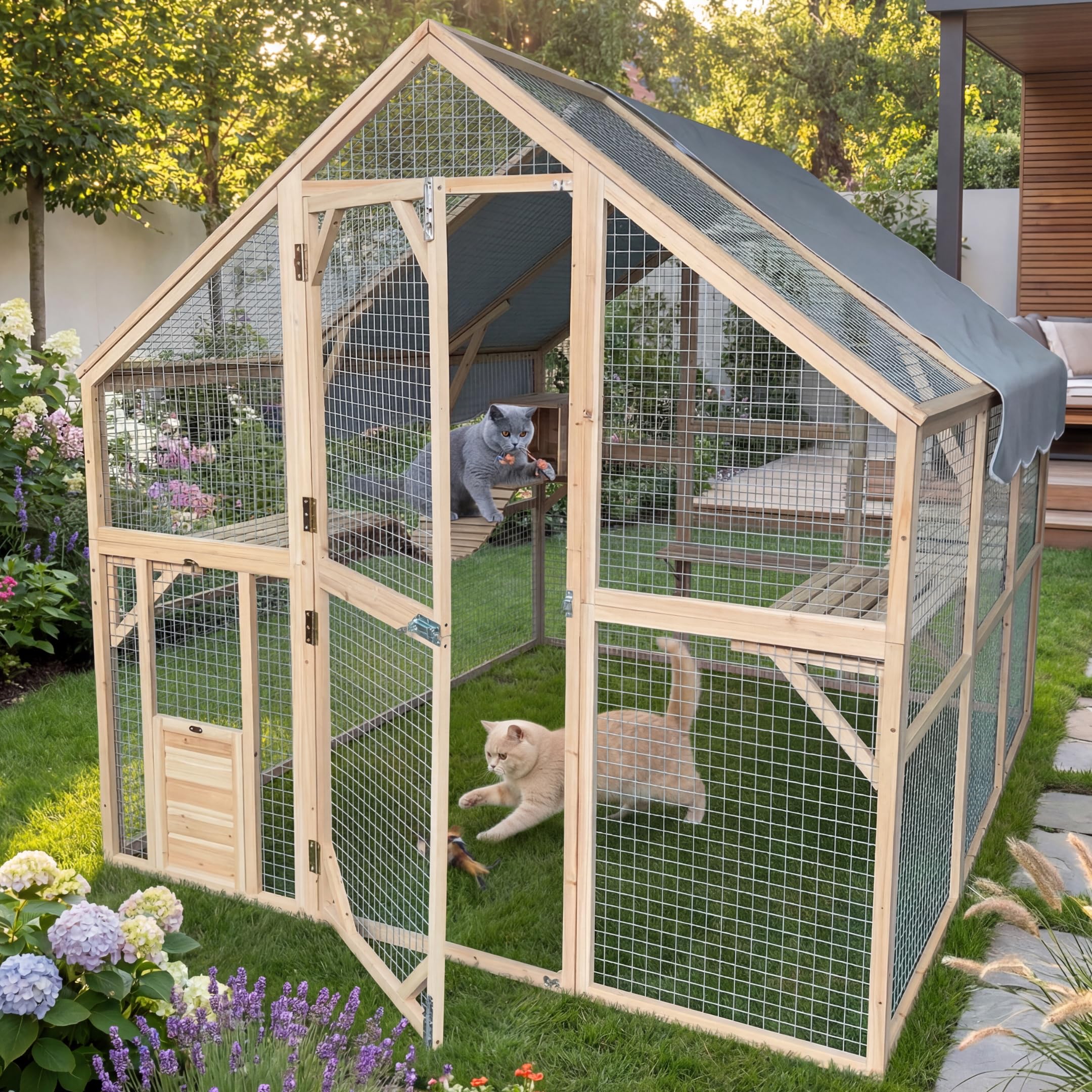 Katzengehege Outdoor XXL – Katzenauslauf und Freilaufgehege für Garten | Massives Holz, 2 mm verzinktes Stahlgitter, begehbar durch große Tür, wetterfest, inkl. Schutzhäuschen, auch für Terrasse