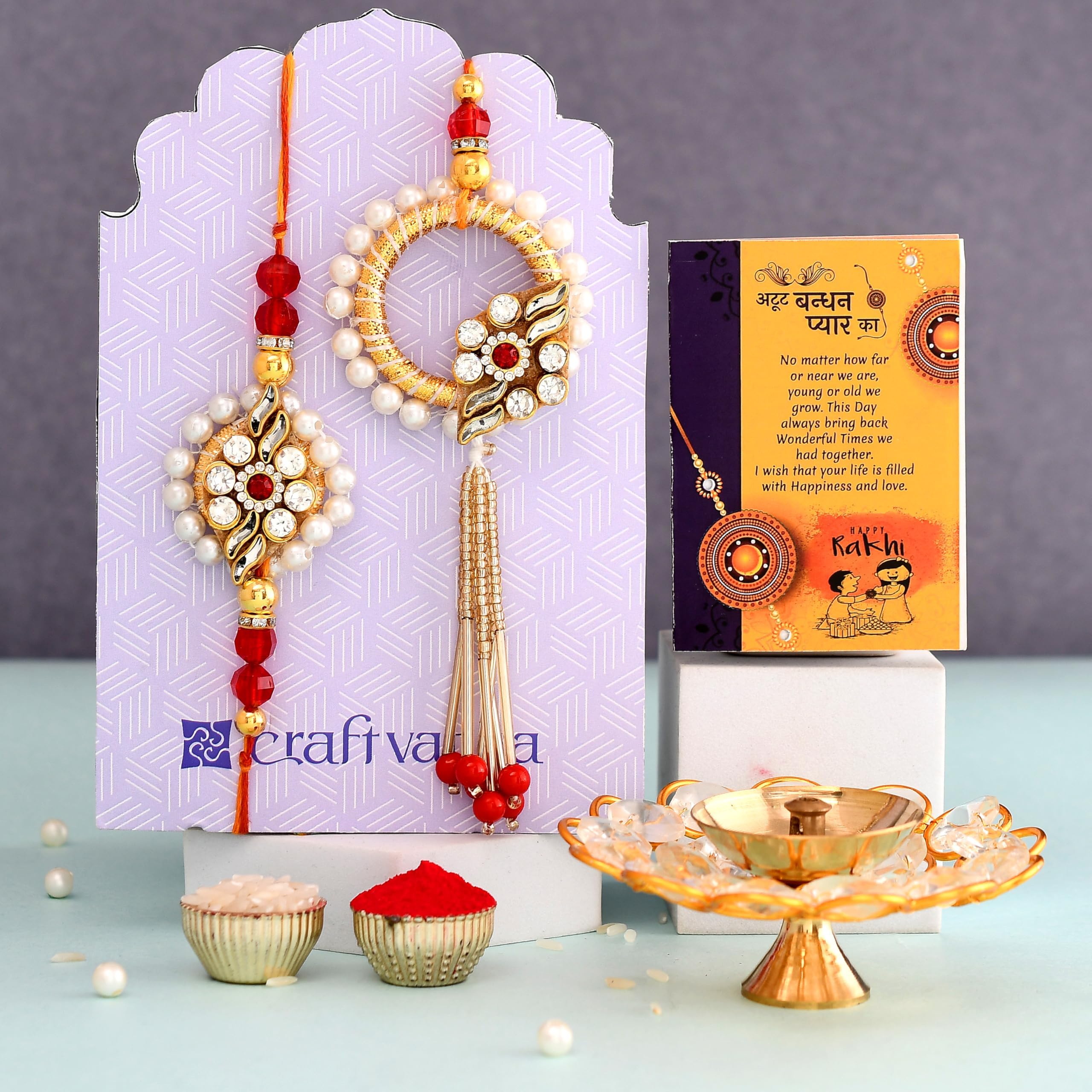 Rakhi Gift Combo for Brother, Brass Crystal Diya Oil Lamp with 4 Rakhi Gift Set - Rakhi for Bhaiya Bhabhi - Raksha Bandhan Card/Lumba Rakhi/Krishna Rakhi/Om Rudraksh Rakhi