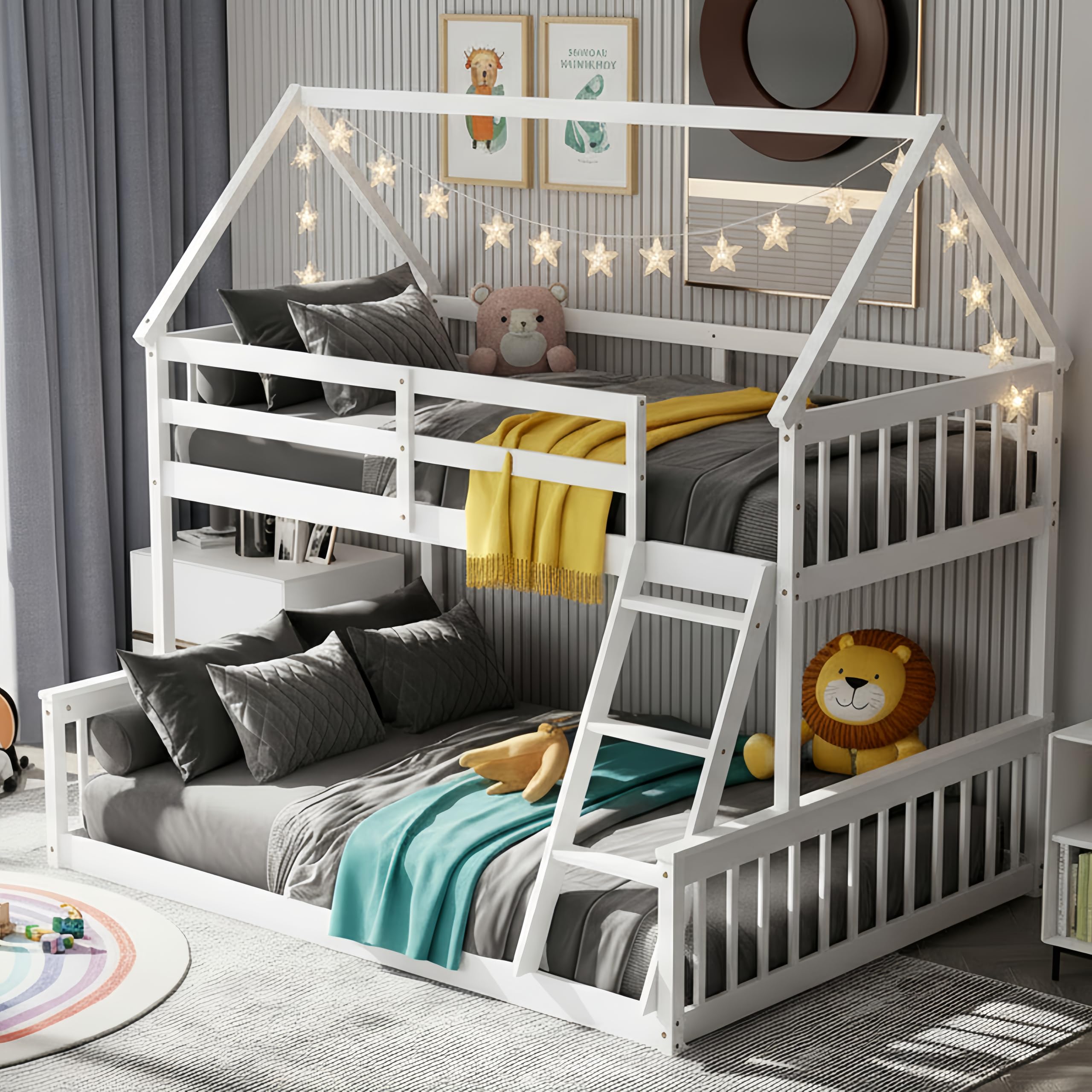 KOMFOTT Wood Twin Over Full House Bunk Bed with Built in Ladder, Solid Pine Wood Bunk Bed Frame with Safety Guardrails, House Bunk Bed Frame for Kids, Teens, Juniors, No Box Spring Needed (White)