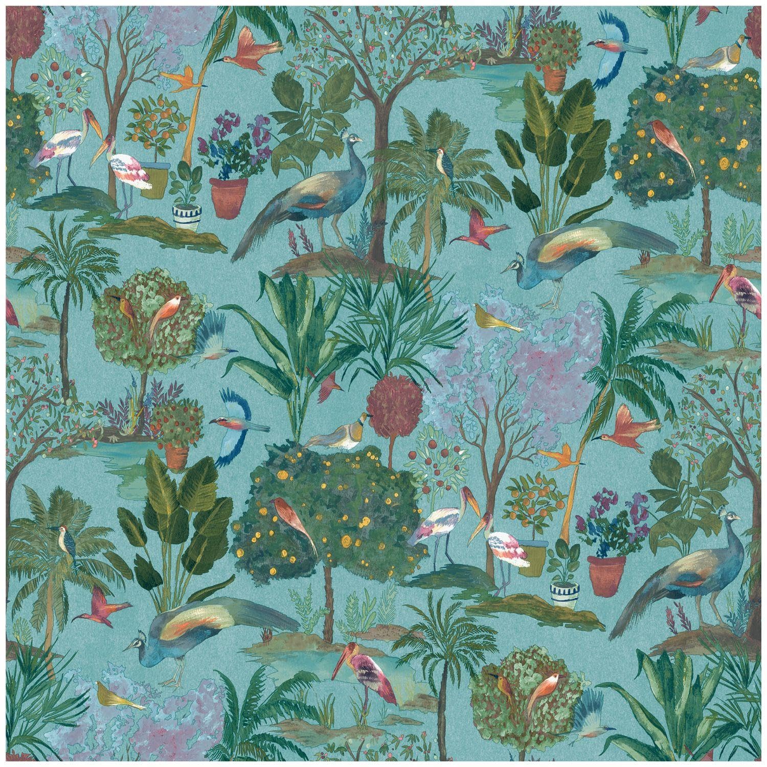 Teal Tropical Botanical Bird Wallpaper – Watercolour Nature Exotic Birds, Peacocks, Palms & Lush Foliage – Artistic Feature Wall Décor for Living Rooms, Bedrooms