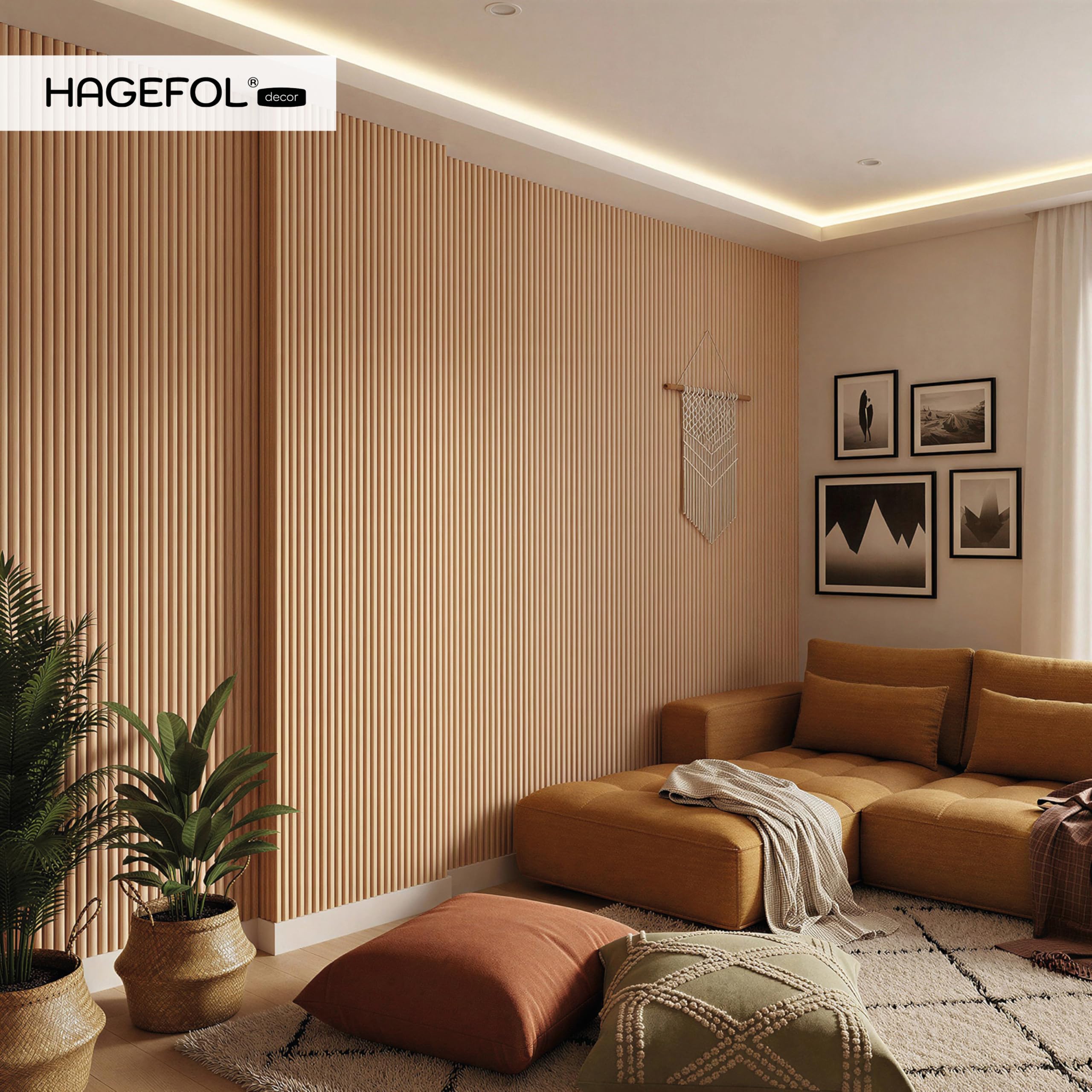 HAGEFOL® CurvedLine panneaux acoustiques en bois 240x60 cm, couleur: chêne, lamelles rondes, panneaux muraux 3D en placage de bois, plaques d'insonorisation (2 pièces á 240x30cm) | lamelles rondes