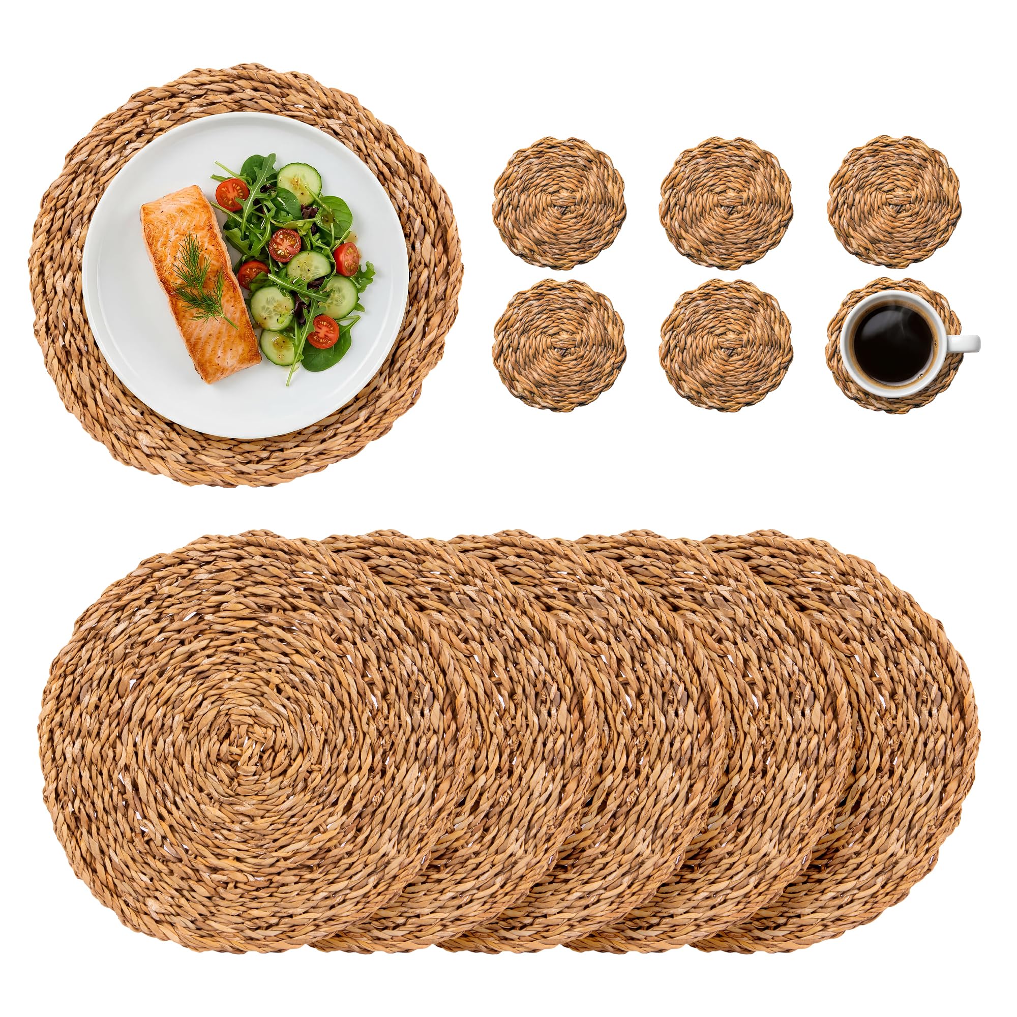 Argon Tableware 12 Piece Round Woven Seagrass Placemats & Coasters Set - Brown