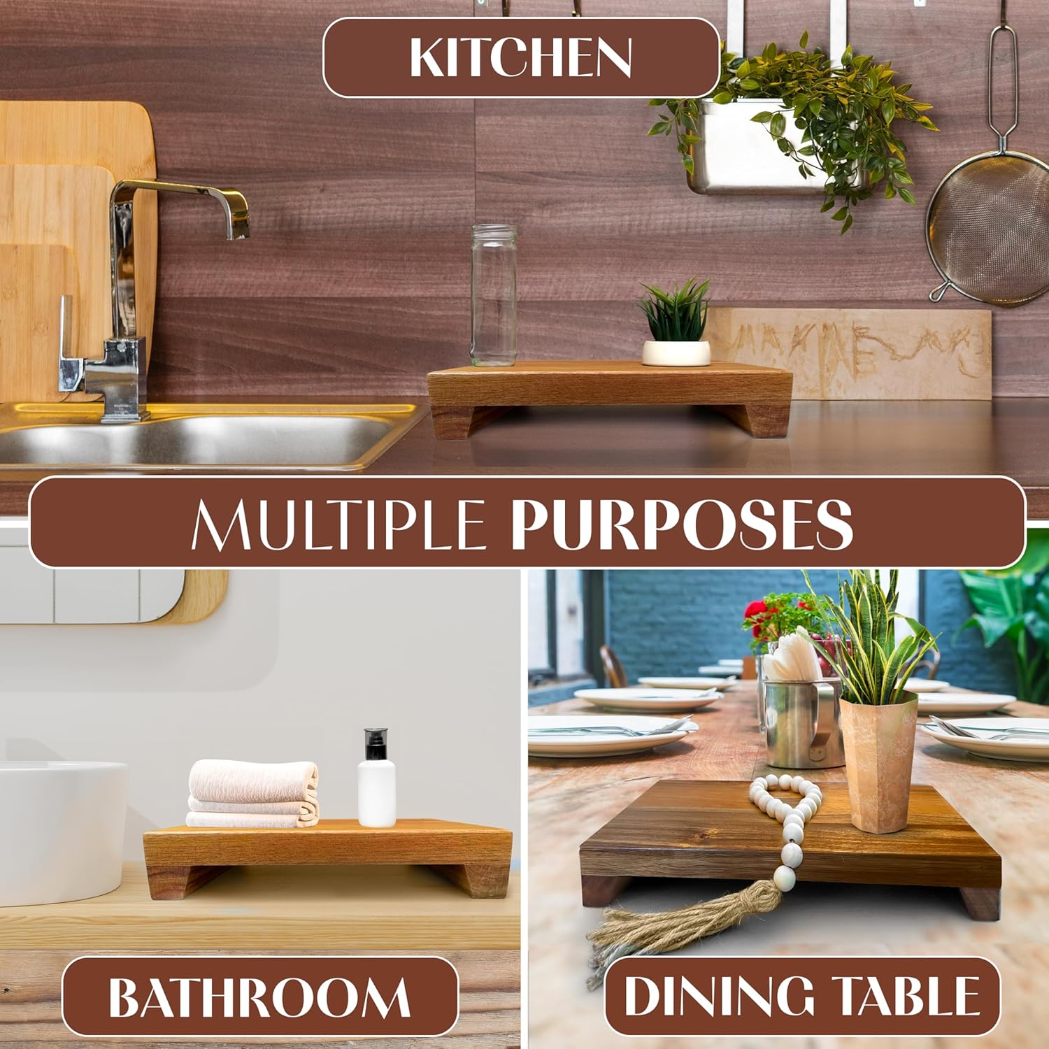 Natural Acacia Wood Pedestal Stand | Wood Riser with Decorative Beads | Kitchen Counter Decor | Soap Tray for Kitchen Sink | Bathroom Tray | Tabletop Wooden Stand (12" x 7" x 1.75" Inch)